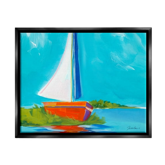 Stupell Industries Modern Sailboat on Shore Transportation Painting Black Floater Framed Art Print Wall Art, 21 x 17