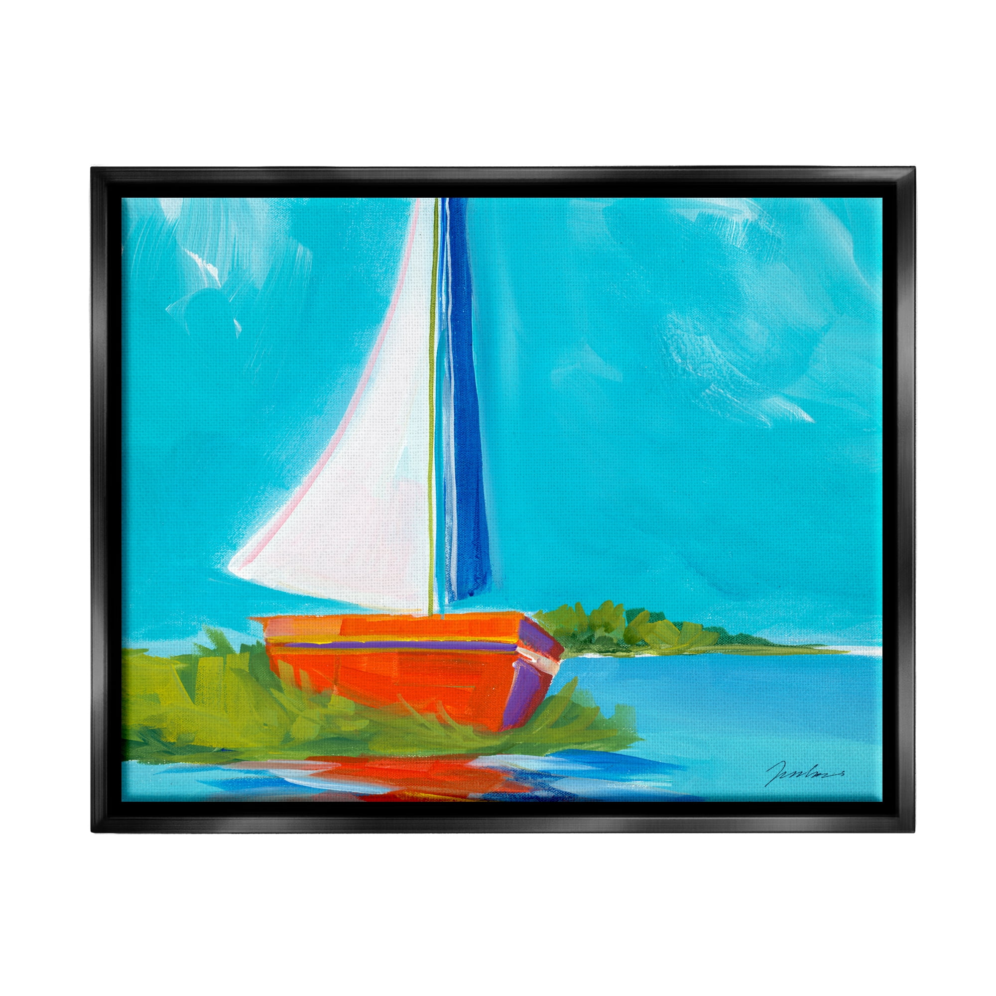 Stupell Industries Modern Sailboat on Shore Transportation Painting Black Floater Framed Art Print Wall Art, 31 x 25