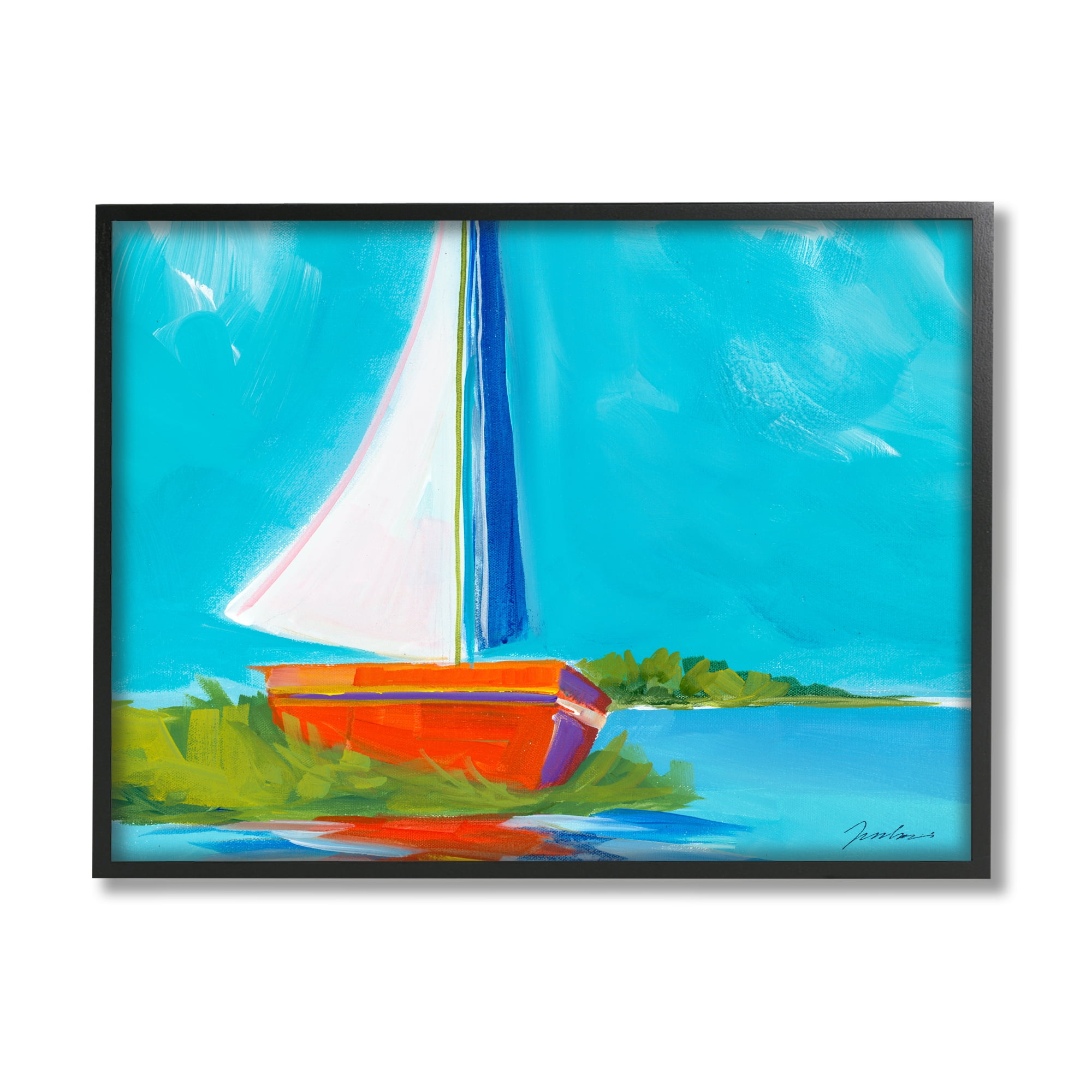 Stupell Industries Modern Sailboat on Shore Transportation Painting Black Framed Art Print Wall Art, 14 x 11
