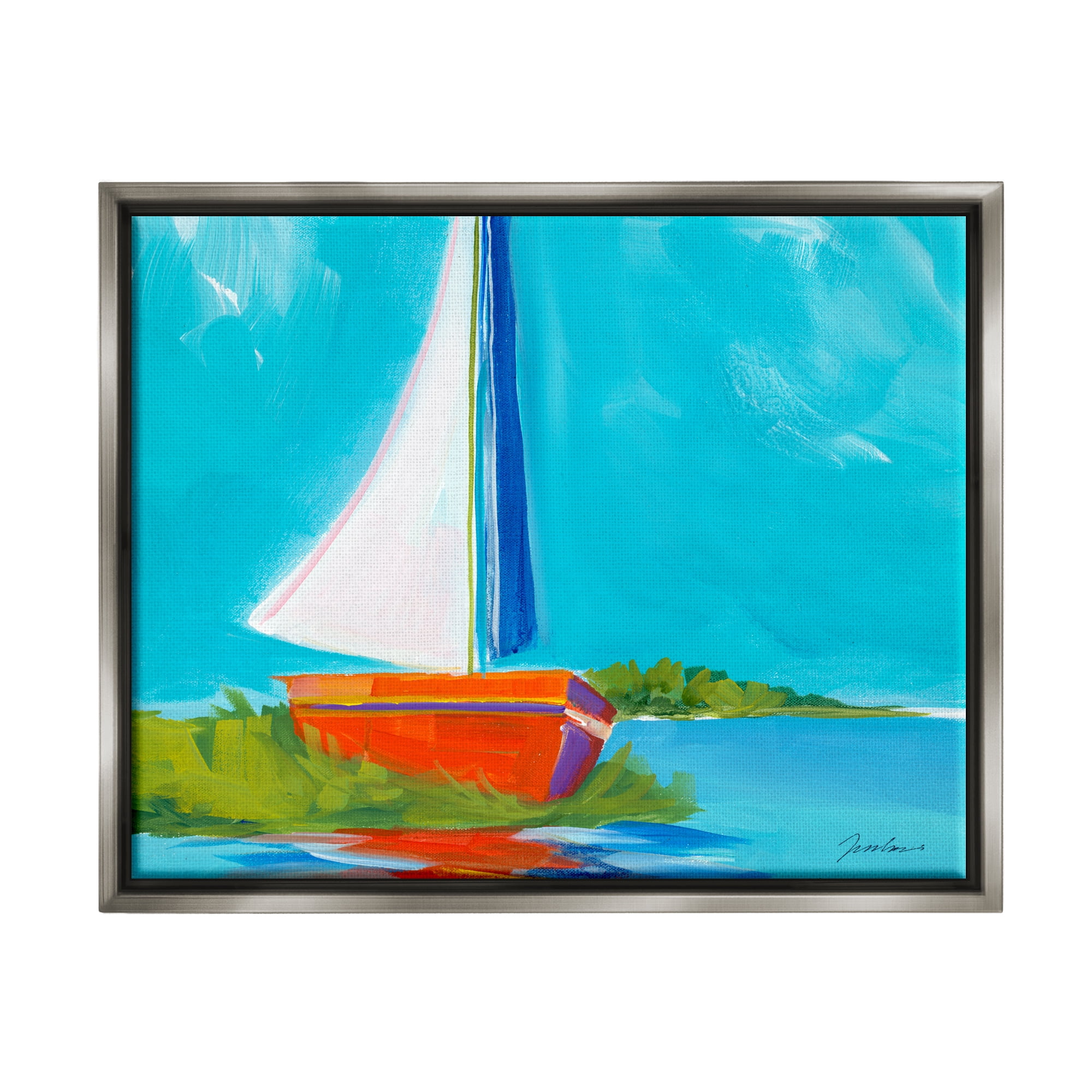 Stupell Industries Modern Sailboat on Shore Transportation Painting Gray Floater Framed Art Print Wall Art, 21 x 17