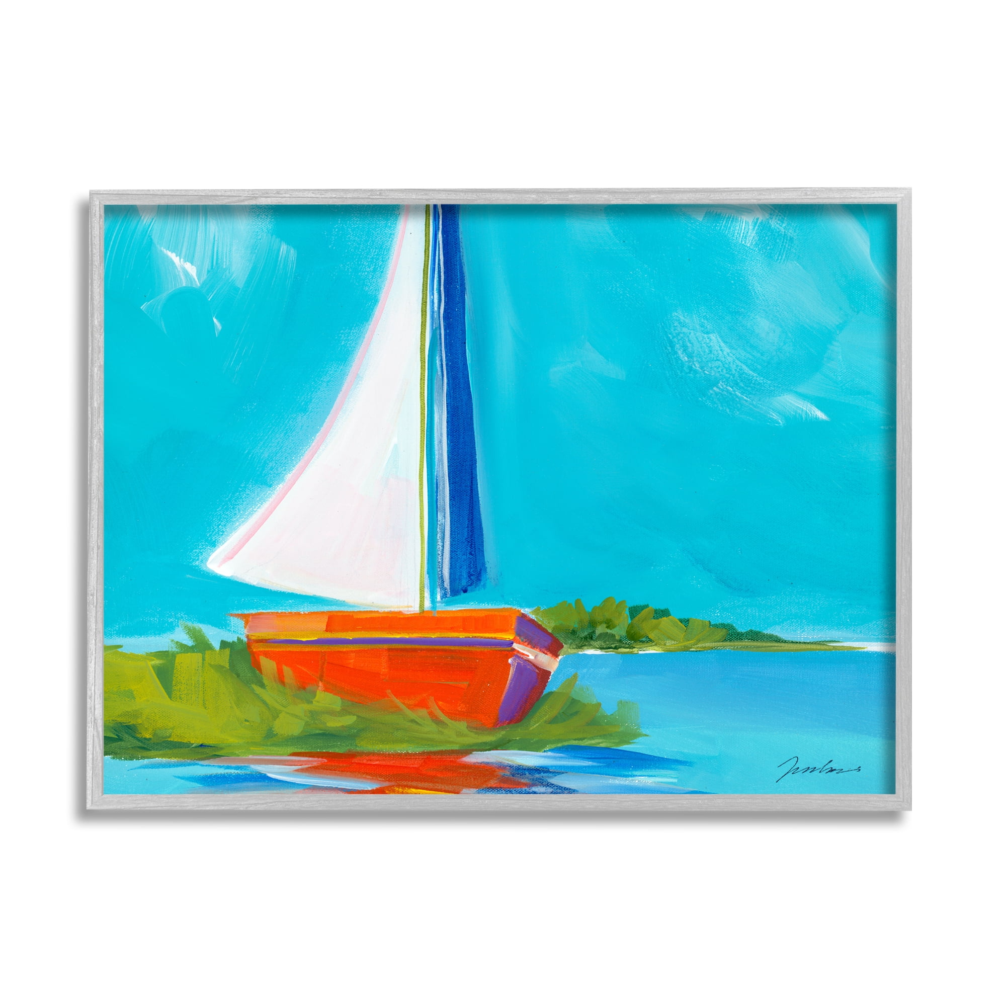 Stupell Industries Modern Sailboat on Shore Transportation Painting Gray Framed Art Print Wall Art, 20 x 16