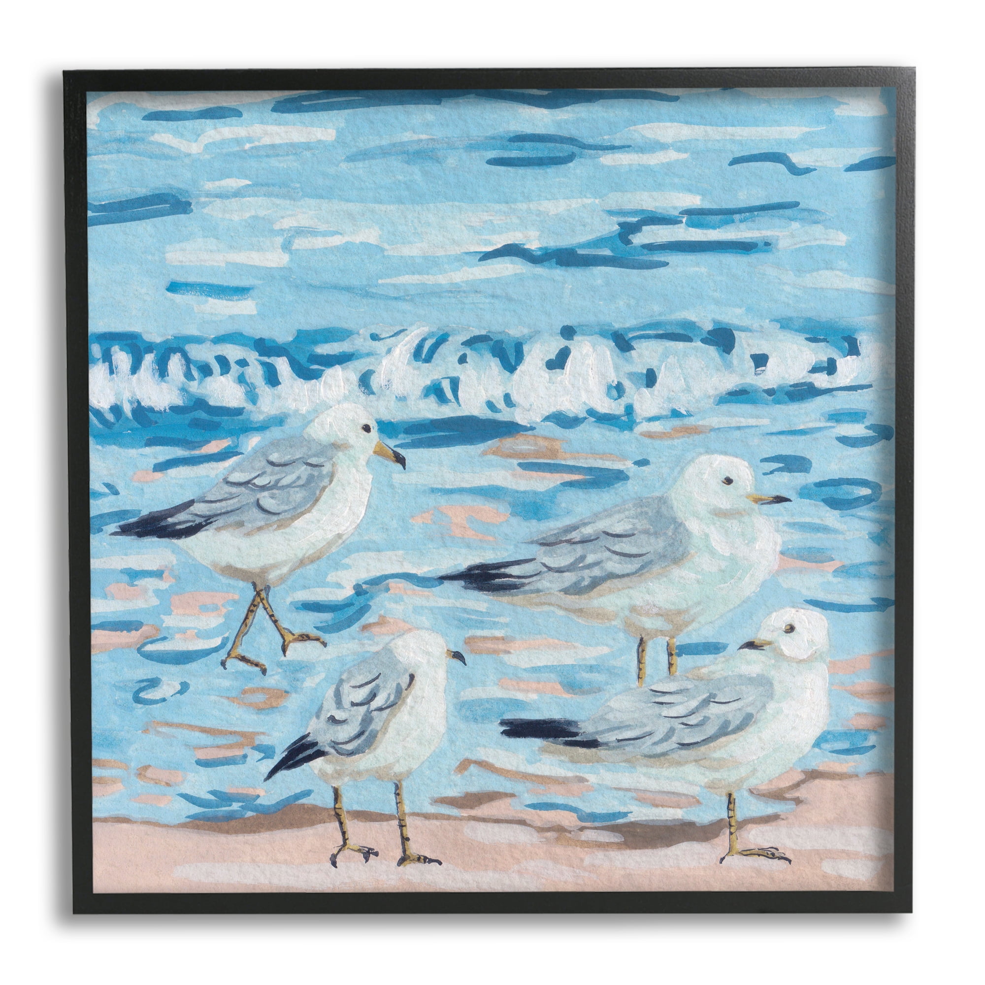 Stupell Industries Modern Sea Birds on Shore Animals & Insects Painting Black Framed Art Print Wall Art, 24 x 24