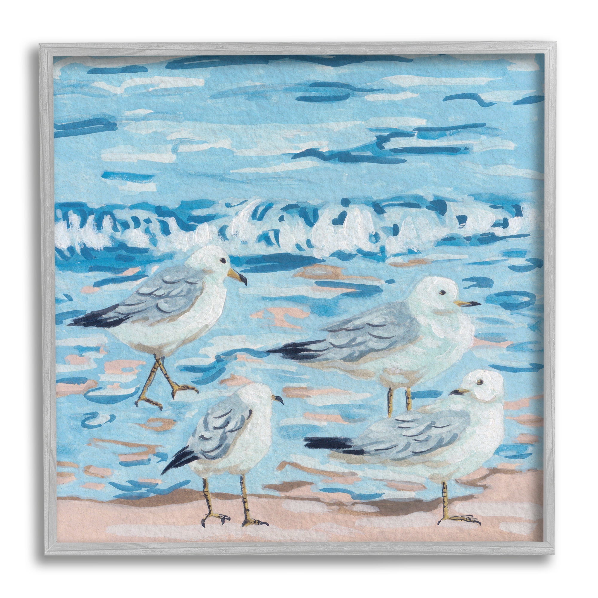 Stupell Industries Modern Sea Birds on Shore Animals & Insects Painting Gray Framed Art Print Wall Art, 12 x 12