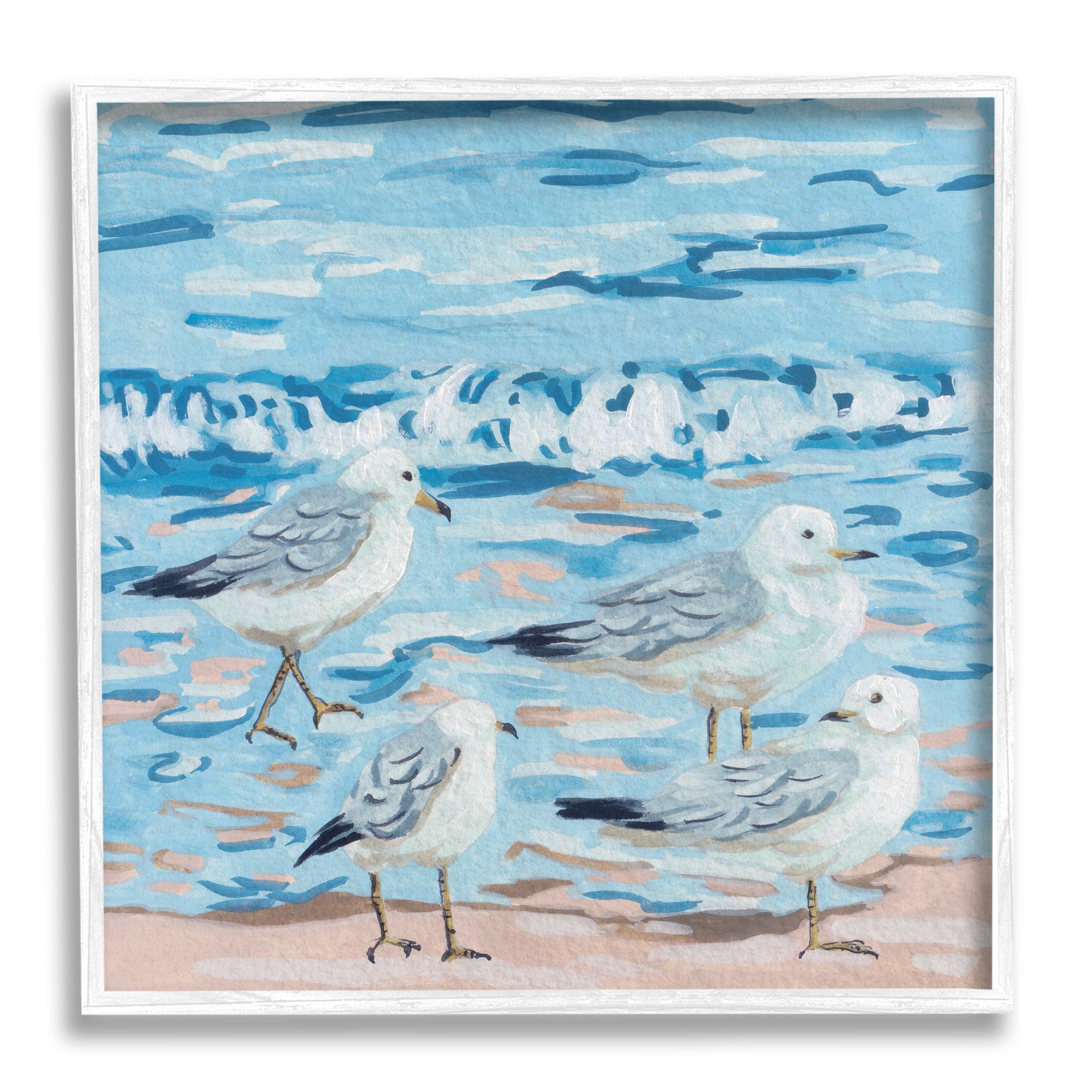 Stupell Industries Modern Sea Birds on Shore Animals & Insects Painting White Framed Art Print Wall Art, 12 x 12