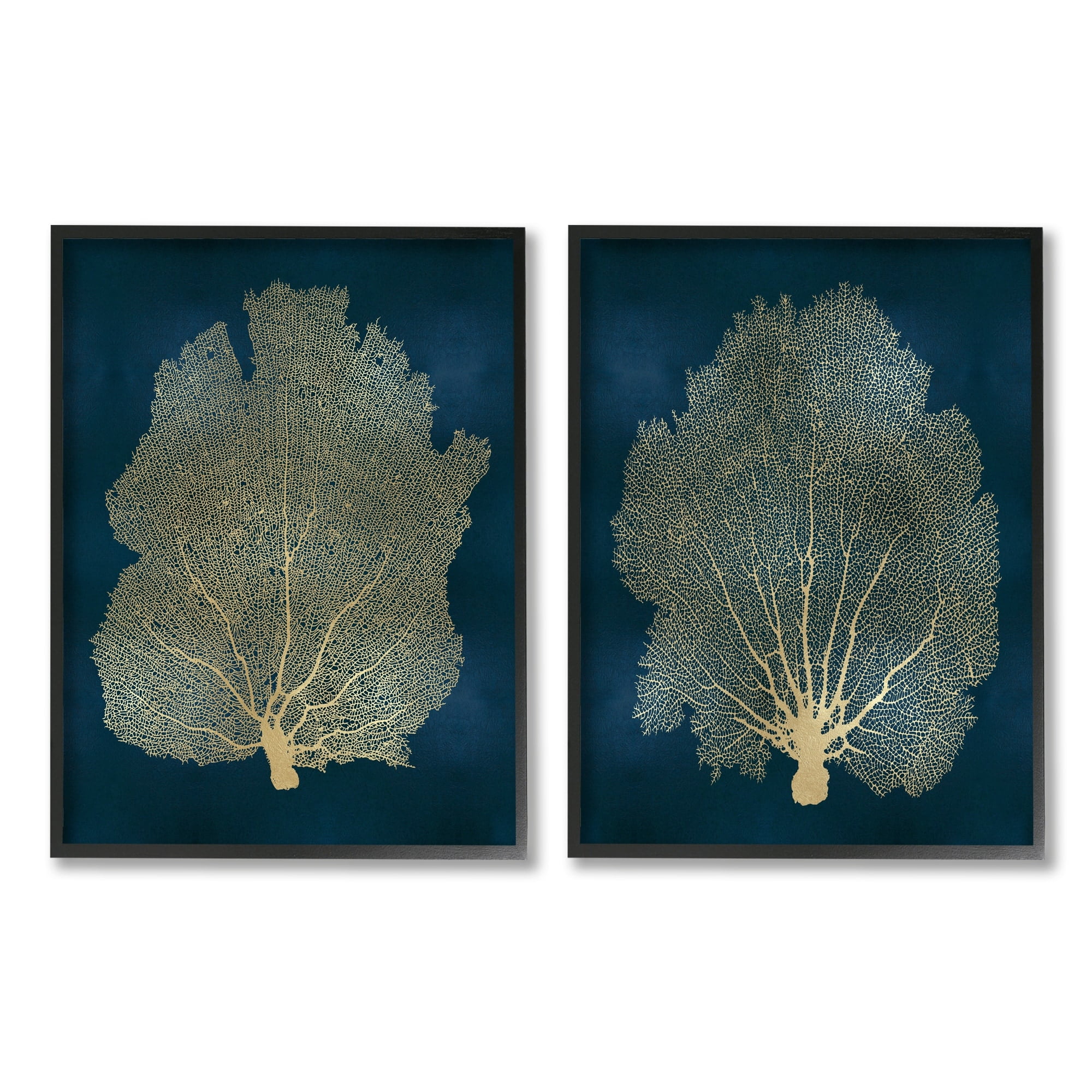 Modern Blue and Gold Ocean Plant Wall Art with Black Frame