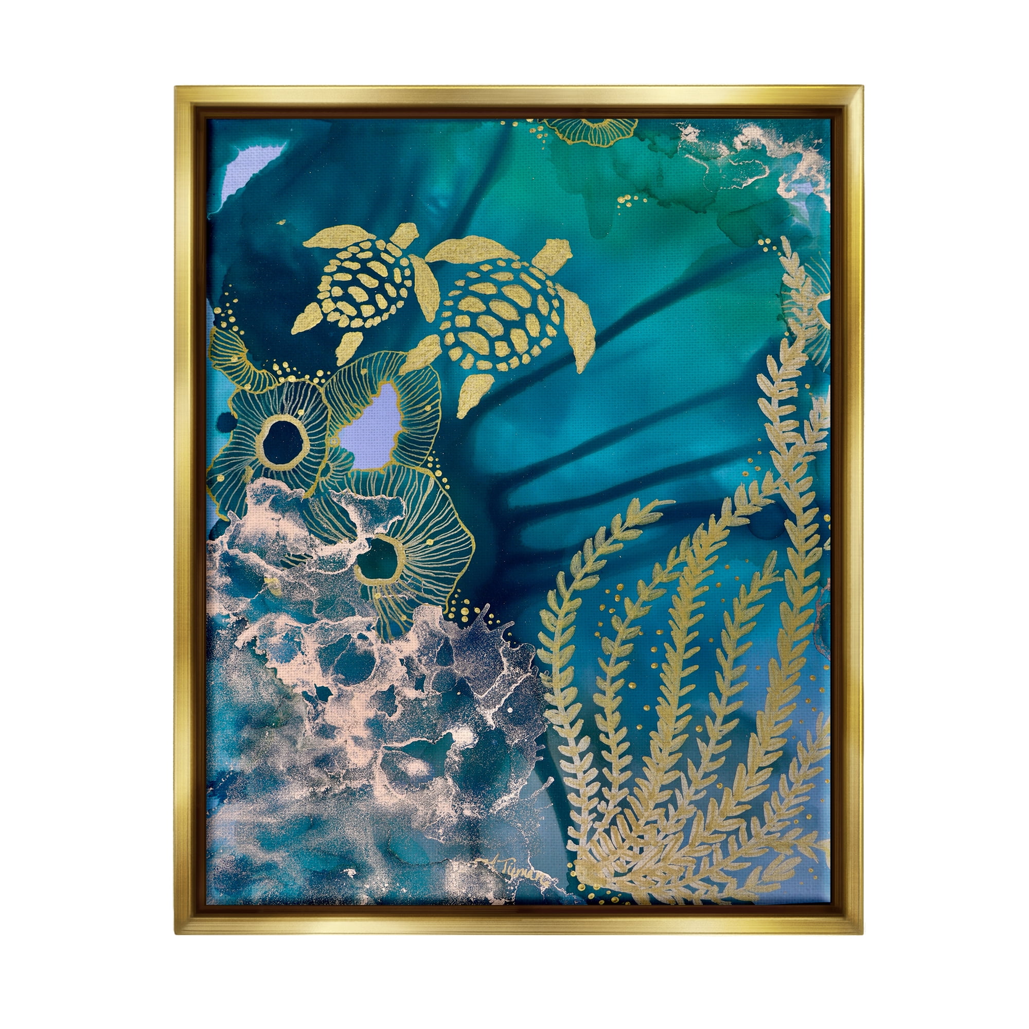 Stupell Industries Modern Sea Life Patterns Abstract Painting Gold Floater Framed Canvas Art Print Wall Art, 25 x 31