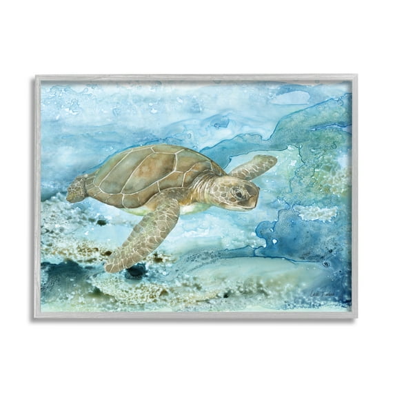 Stupell Industries Modern Sea Turtle Splash Animals & Insects Painting Gray Framed Art Print Wall Art, 30 x 24