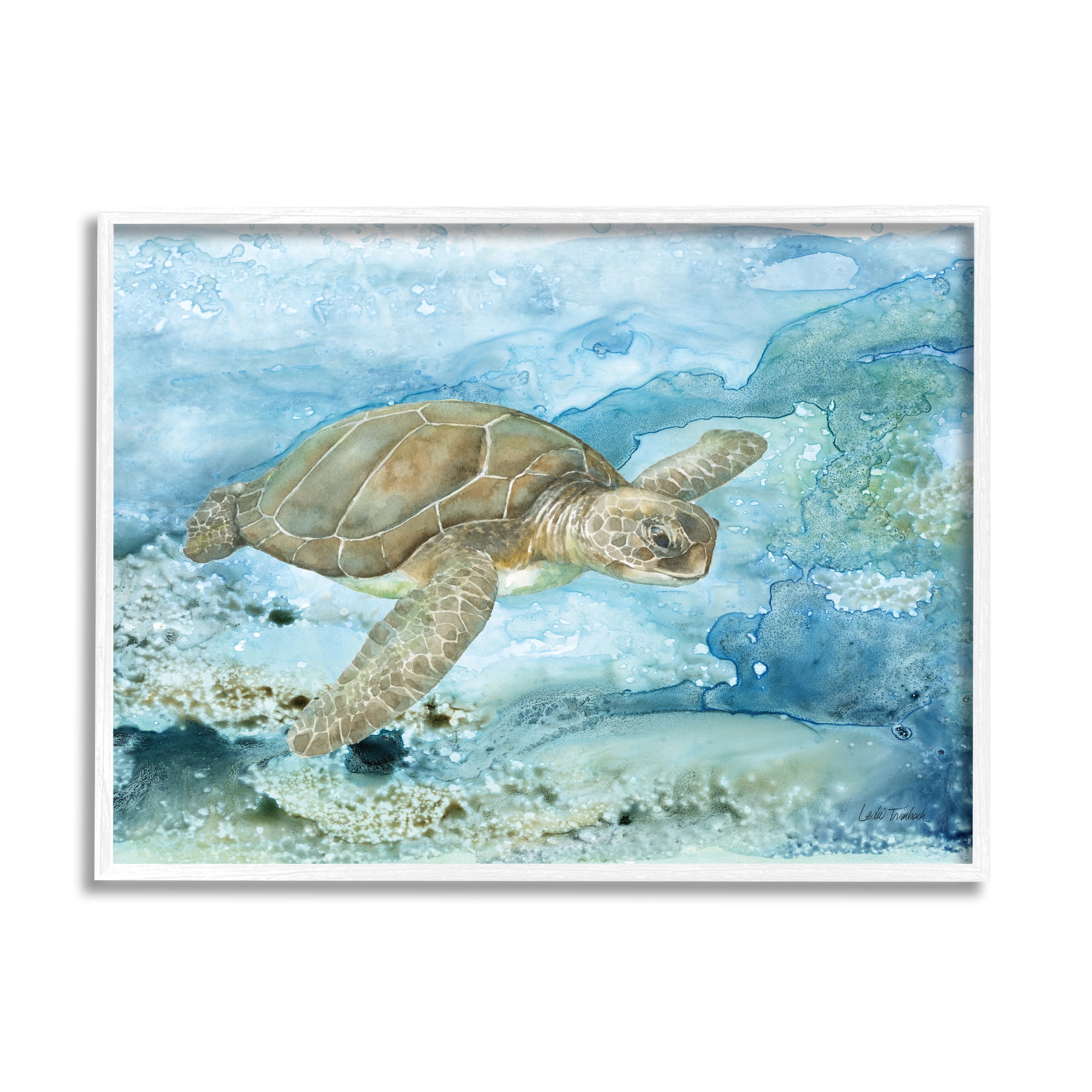 Stupell Industries Modern Sea Turtle Splash Animals & Insects Painting White Framed Art Print Wall Art, 14 x 11