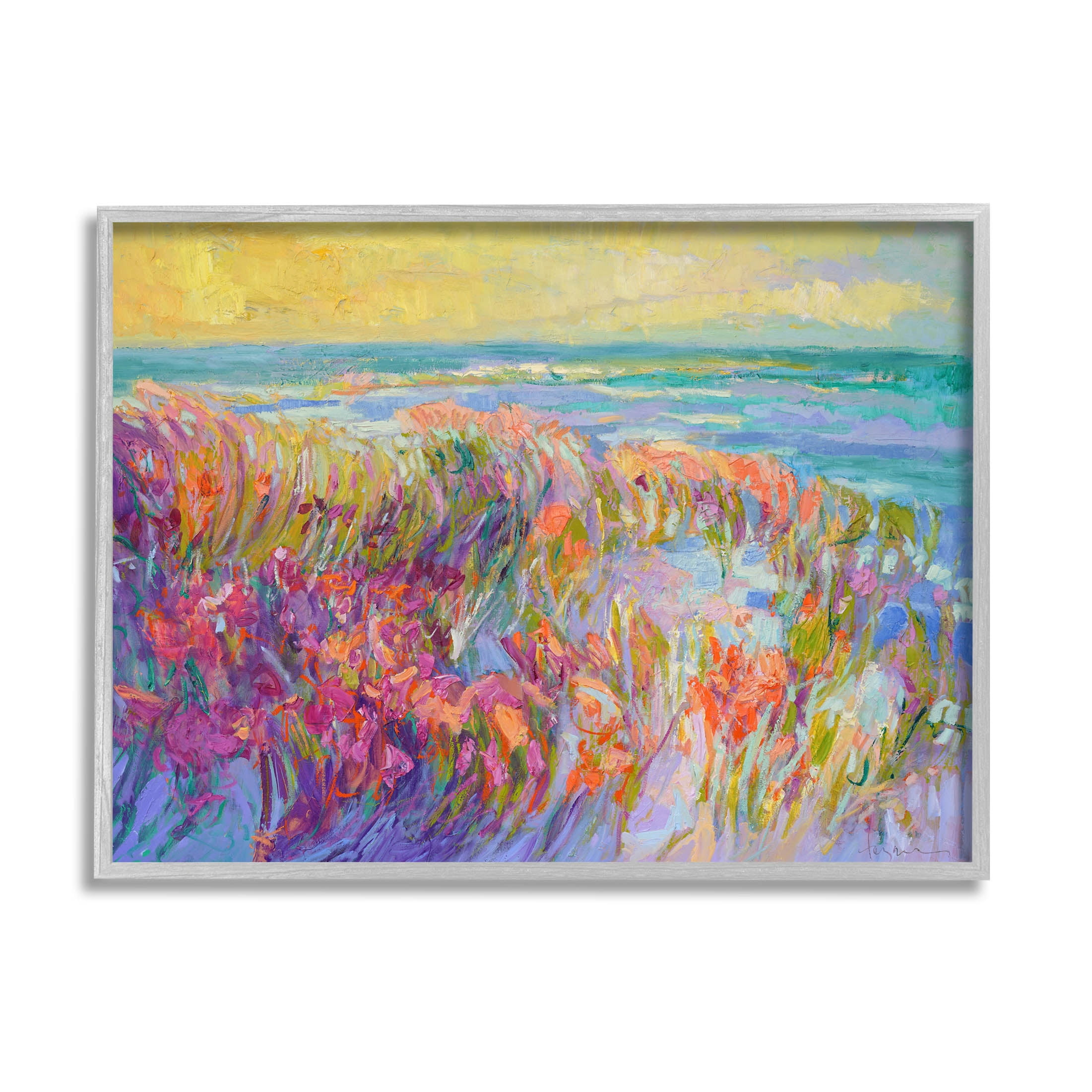 Stupell Industries Modern Seaside Flower Meadow Painting Gray Framed Art Print Wall Art, Design by Dorothy Fagan