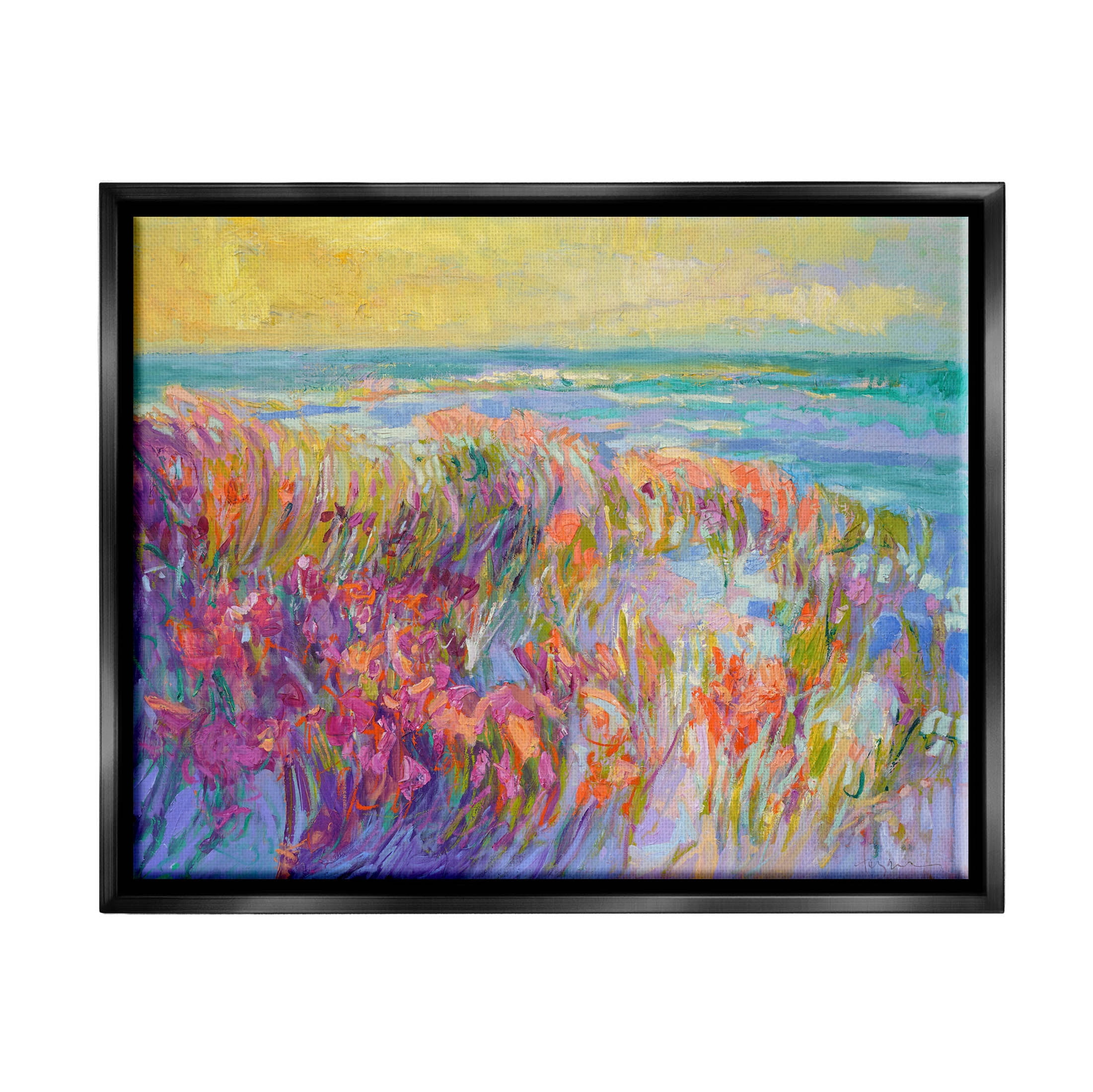 Stupell Industries Modern Seaside Flower Meadow Painting Jet Black Floating Framed Canvas Print Wall Art, Design by Dorothy Fagan