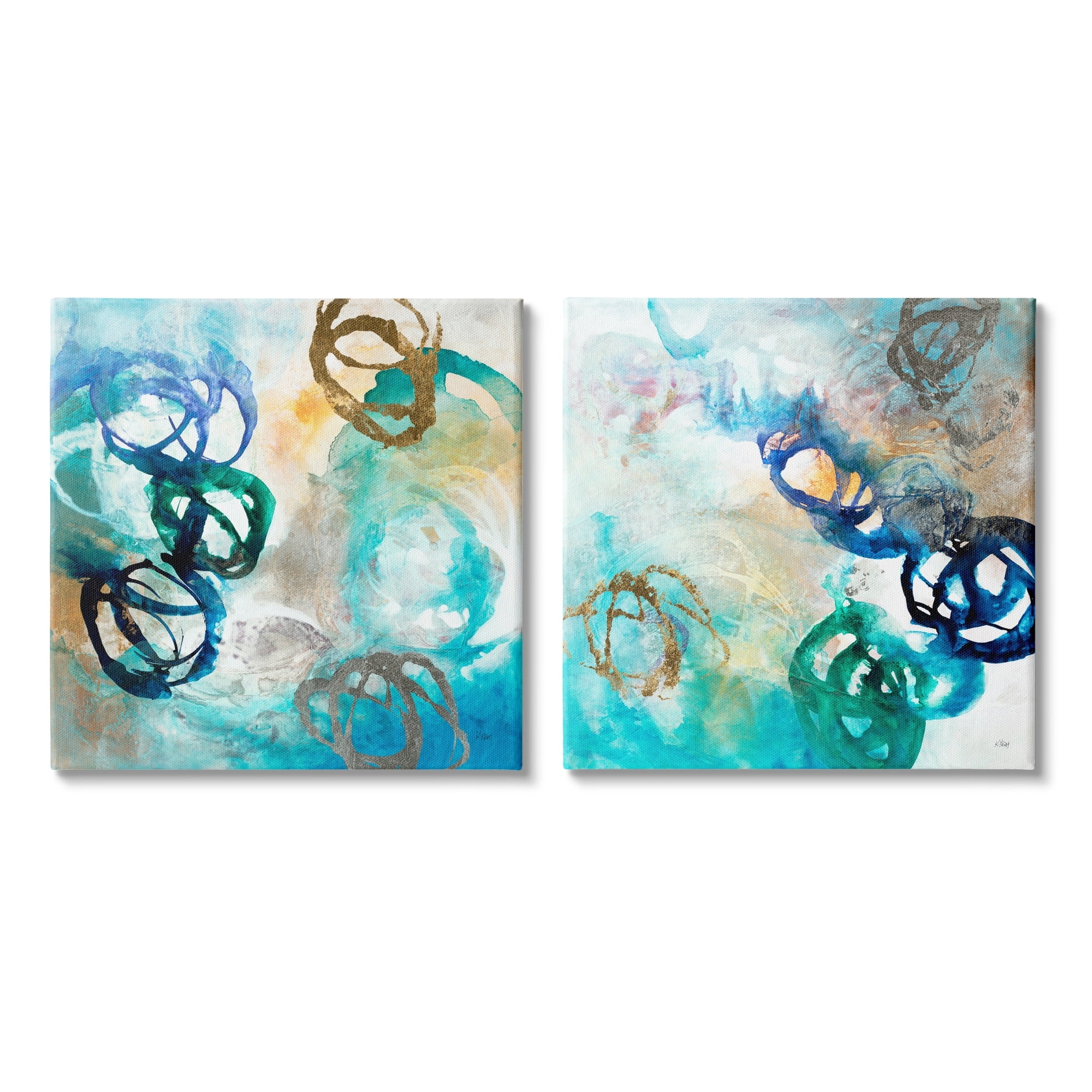 Stupell Industries Modern Shapes Overlay Painting Marine Blue Tones Painting Gallery Wrapped Canvas Print Wall Art, Set of 2, Design by K. Nari