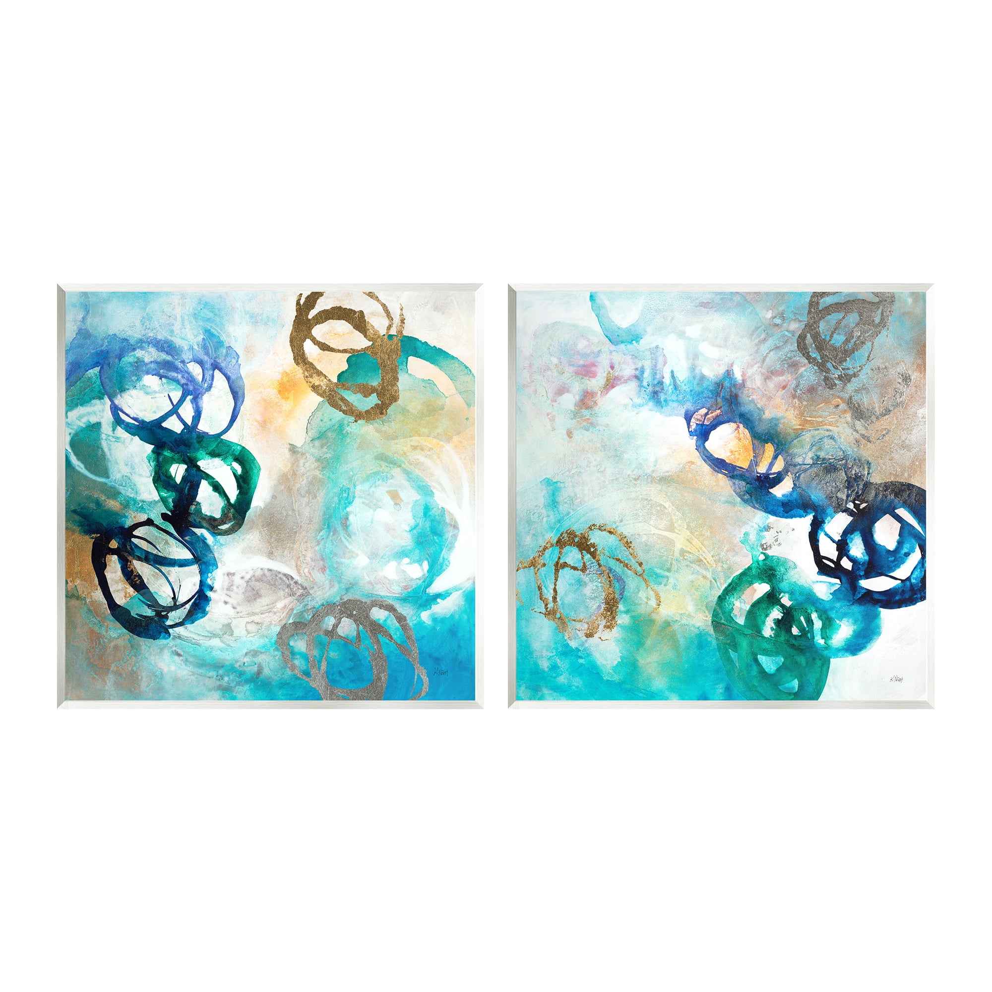 Stupell Industries Modern Shapes Overlay Painting Marine Blue Tones Painting Unframed Art Print Wall Art, Set of 2, Design by K. Nari