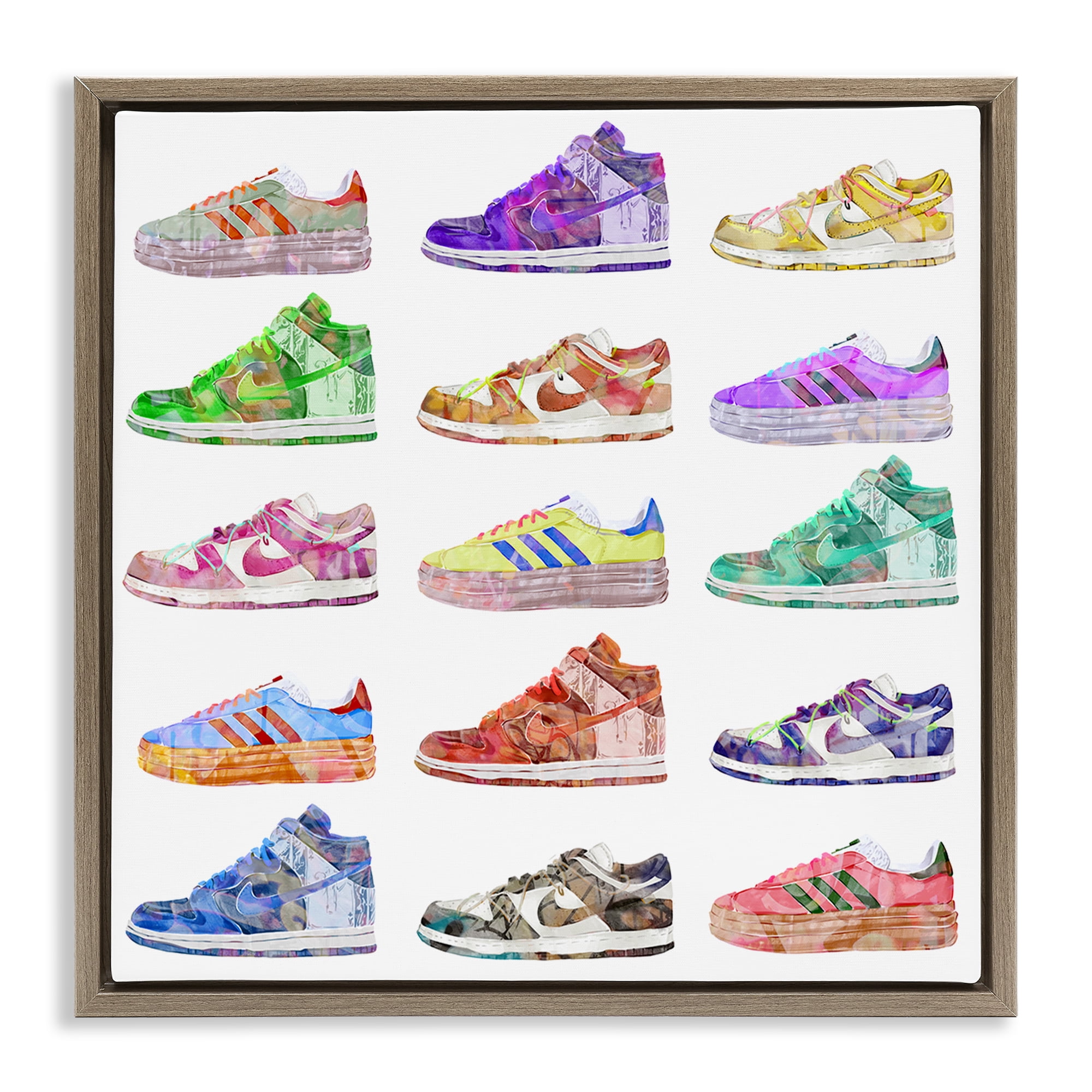 Stupell Industries Modern Sneakers Array Fashion Painting Brown Floater Framed Canvas Art Print Wall Art, 18 x 18