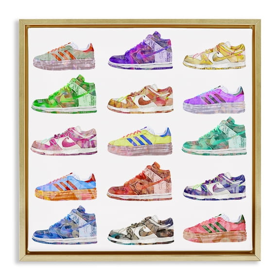 Stupell Industries Modern Sneakers Array Fashion Painting Gold Floater Framed Canvas Art Print Wall Art, 25 x 25