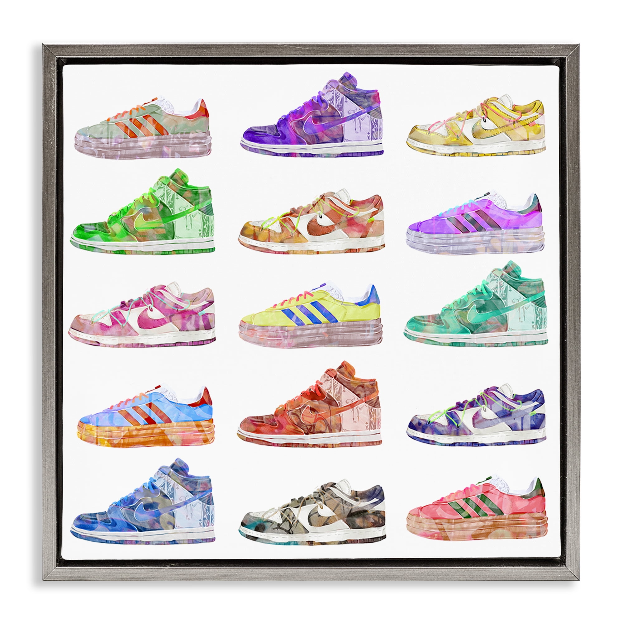 Stupell Industries Modern Sneakers Array Fashion Painting Gray Floater Framed Canvas Art Print Wall Art, 18 x 18