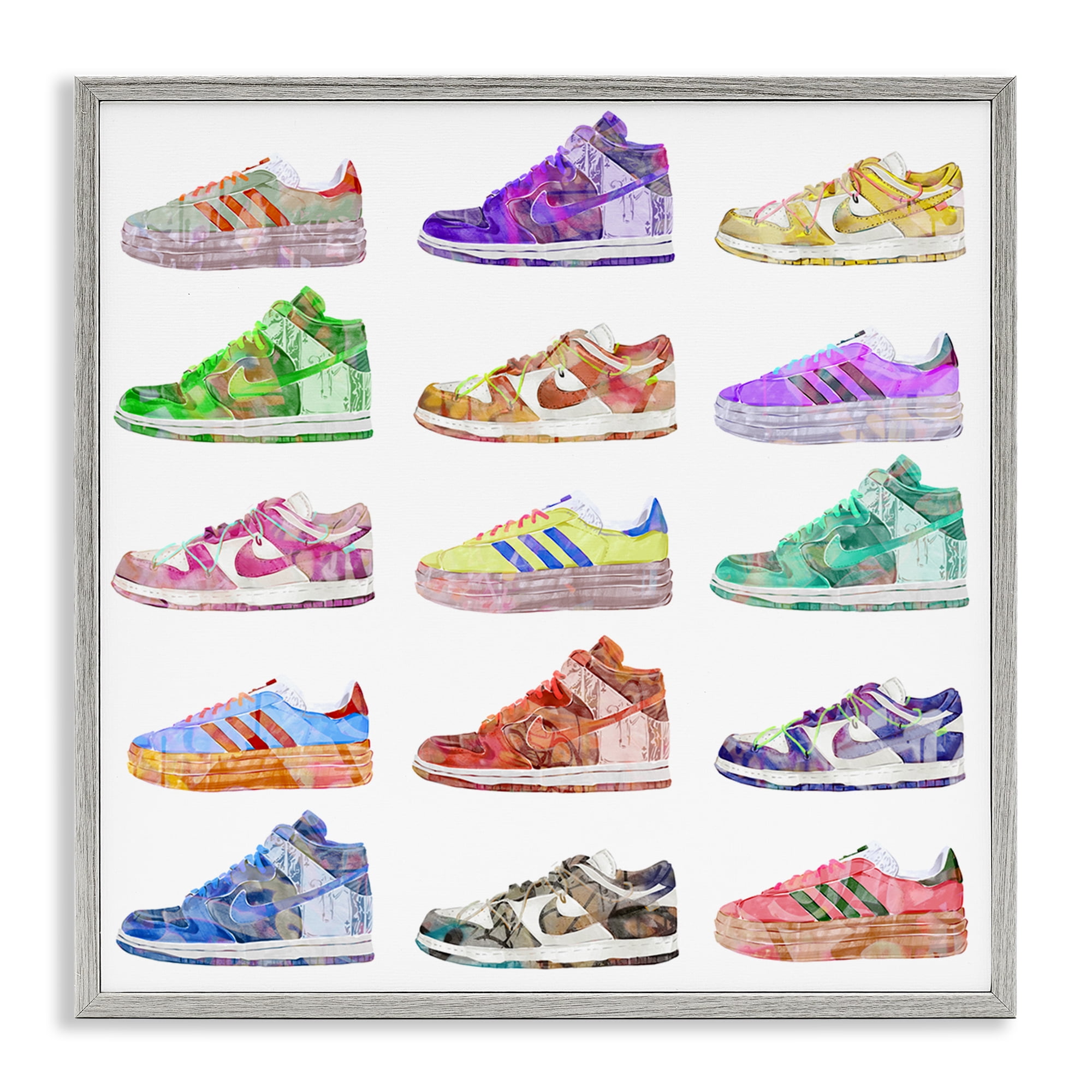 Stupell Industries Modern Sneakers Array Fashion Painting Gray Framed Art Print Wall Art, 17 x 17