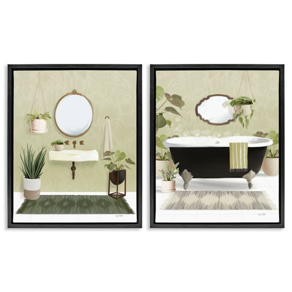 Stupell Industries Modern Soothing Bathroom Views Bath & Laundry Painting Black Floater Framed Canvas Art Print Wall Art, 17 x 21, Set of 2