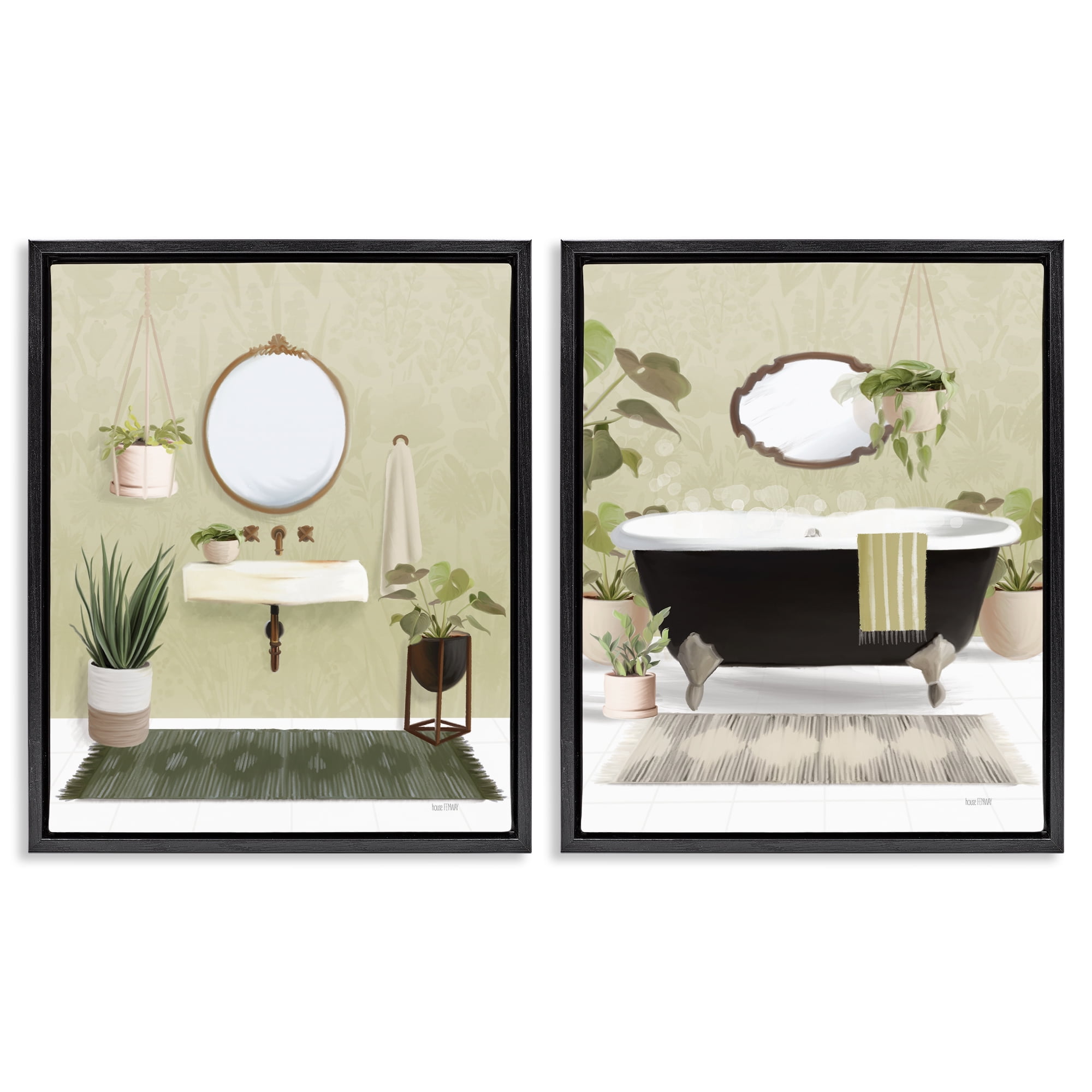 Stupell Industries Modern Soothing Bathroom Views Bath & Laundry Painting Black Floater Framed Canvas Art Print Wall Art, 31 x 25, Set of 2