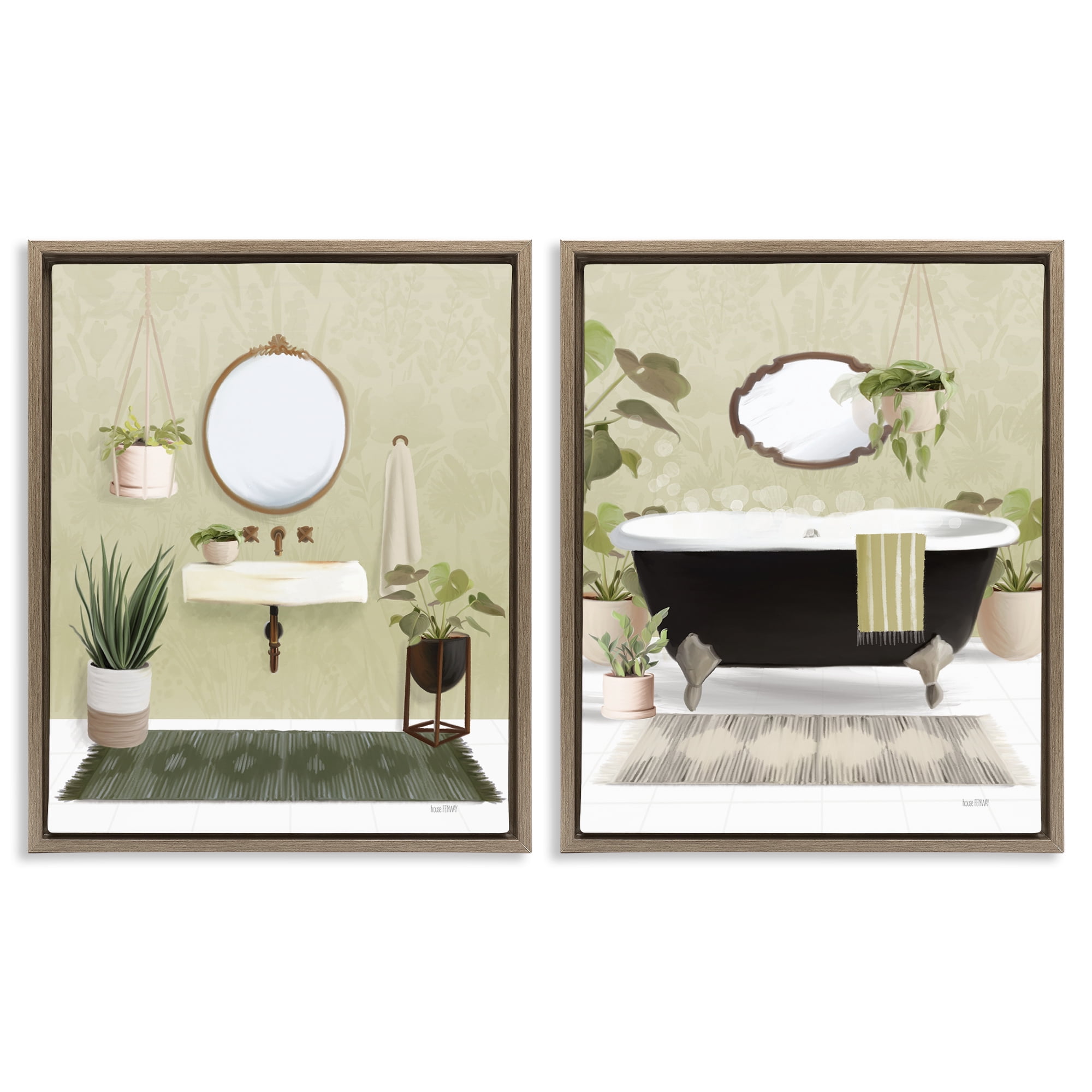 Stupell Industries Modern Soothing Bathroom Views Bath & Laundry Painting Brown Floater Framed Canvas Art Print Wall Art, 31 x 25, Set of 2