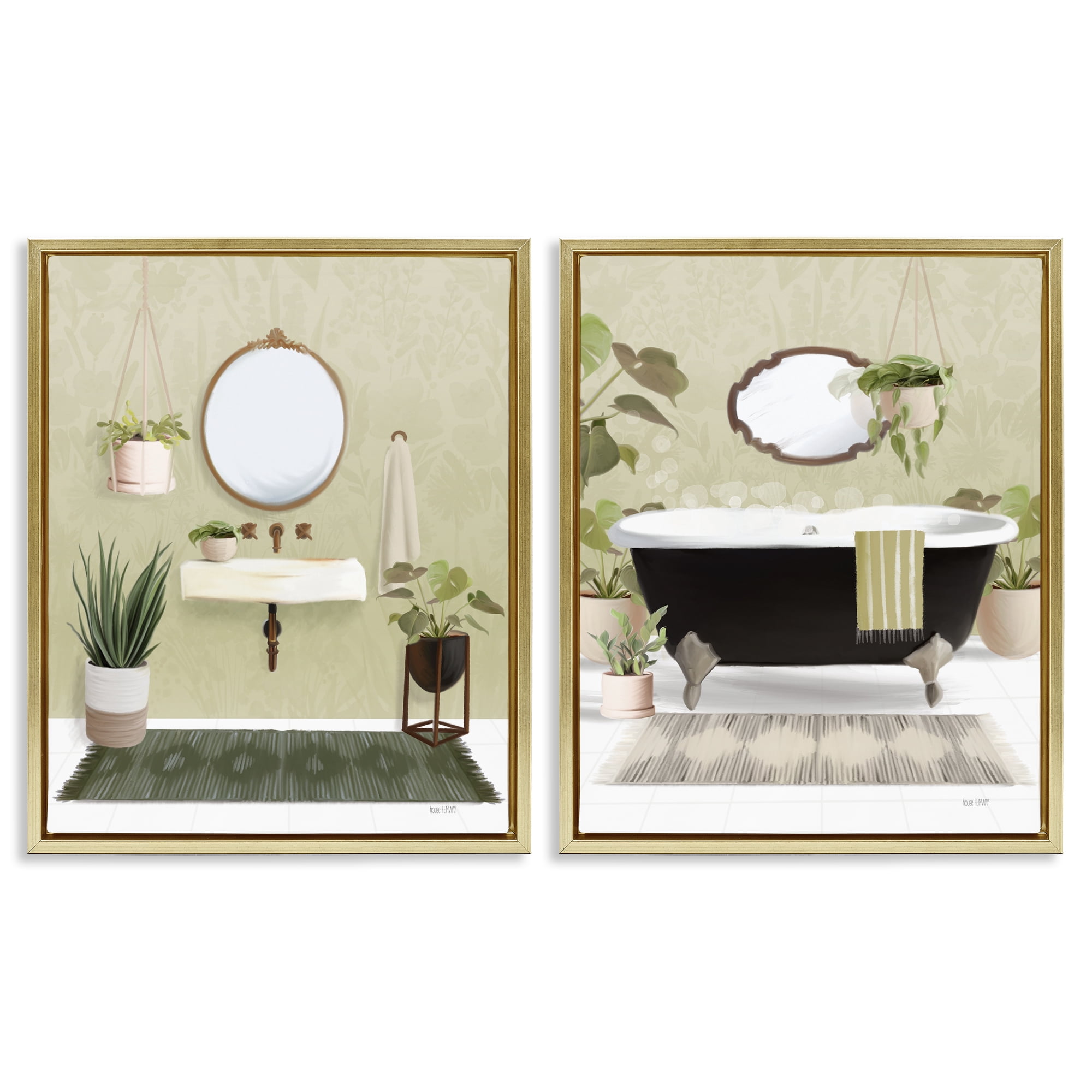 Stupell Industries Modern Soothing Bathroom Views Bath & Laundry Painting Gold Floater Framed Canvas Art Print Wall Art, 31 x 25, Set of 2