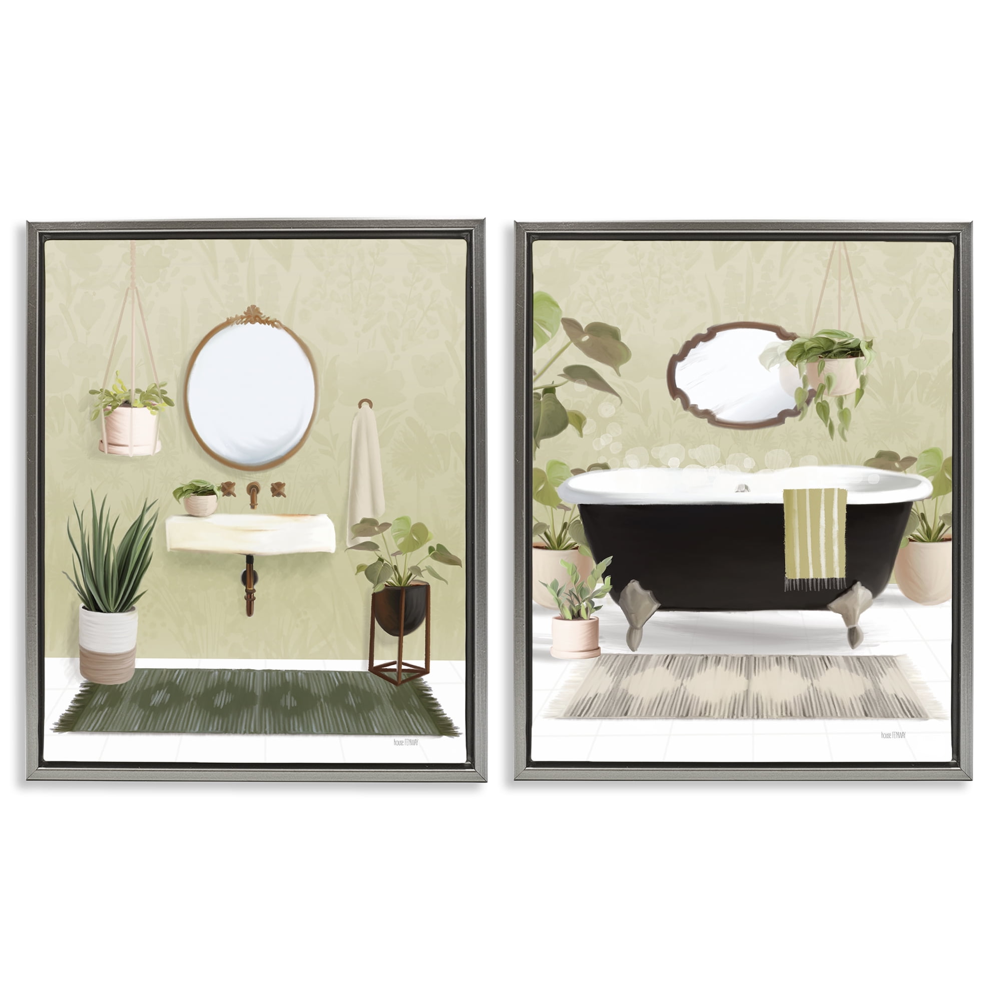 Stupell Industries Modern Soothing Bathroom Views Bath & Laundry Painting Gray Floater Framed Canvas Art Print Wall Art, 17 x 21, Set of 2