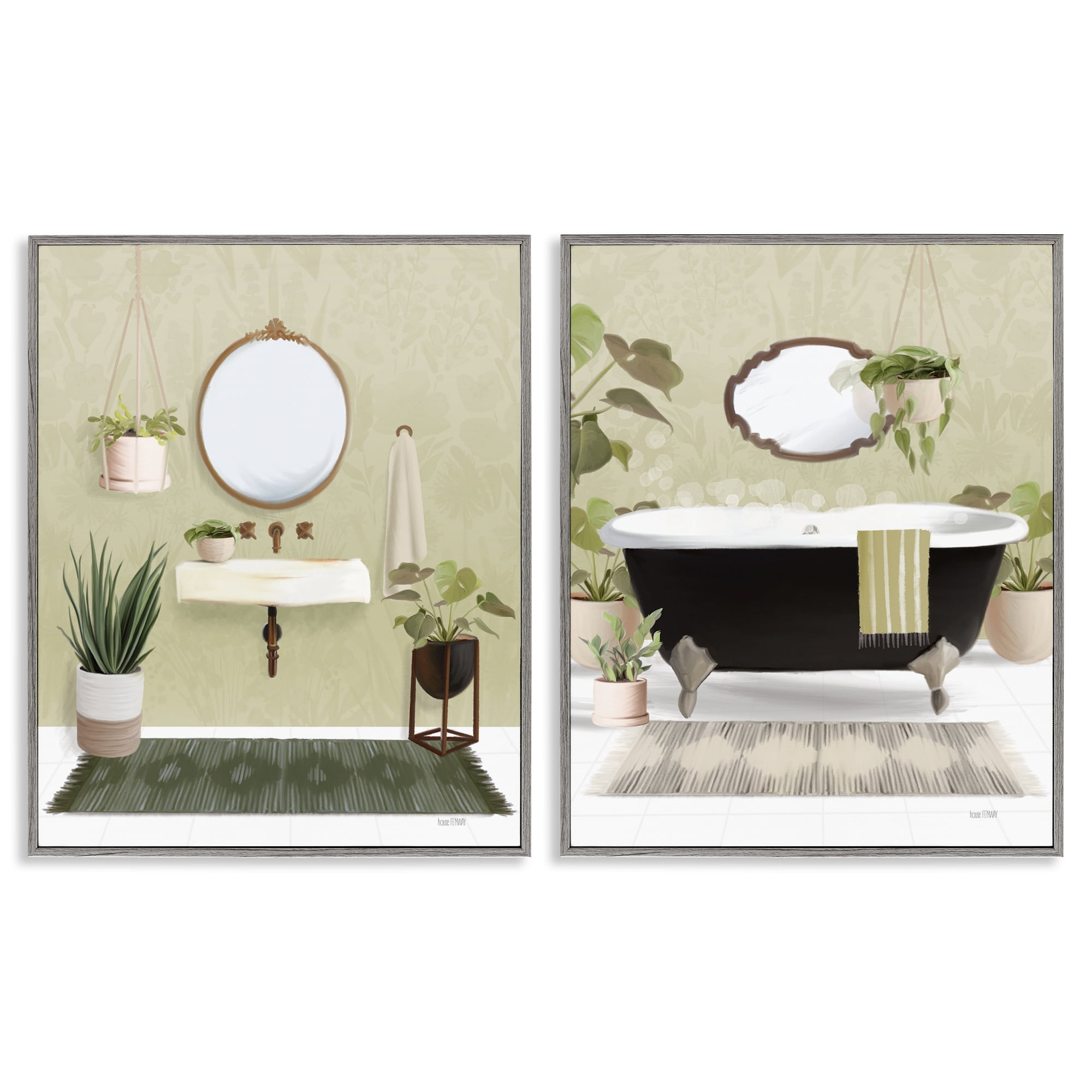 Stupell Industries Modern Soothing Bathroom Views Bath & Laundry Painting Gray Framed Art Print Wall Art, 11 x 14, Set of 2