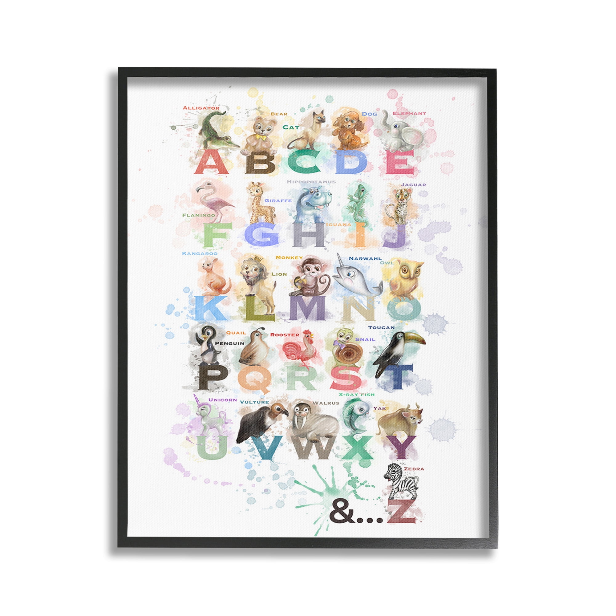Stupell Industries Modern Splash Animal Alphabet Animals & Insects Painting Black Framed Art Print Wall Art, 16 x 20