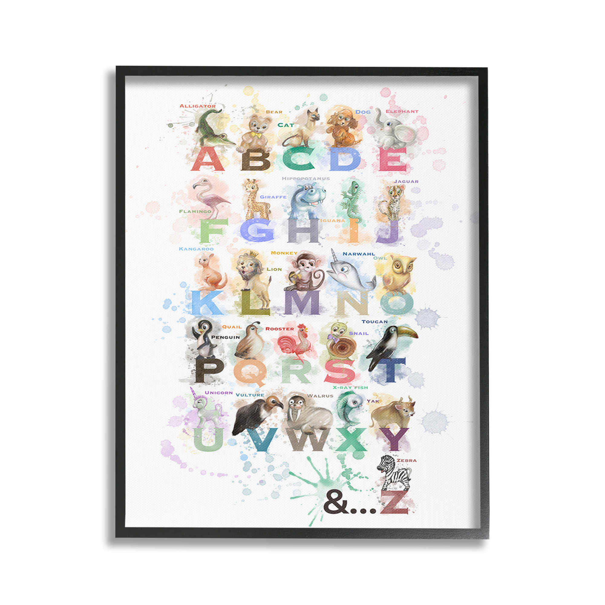 Stupell Industries Modern Splash Animal Alphabet Animals & Insects Painting Black Framed Art Print Wall Art, 24 x 30