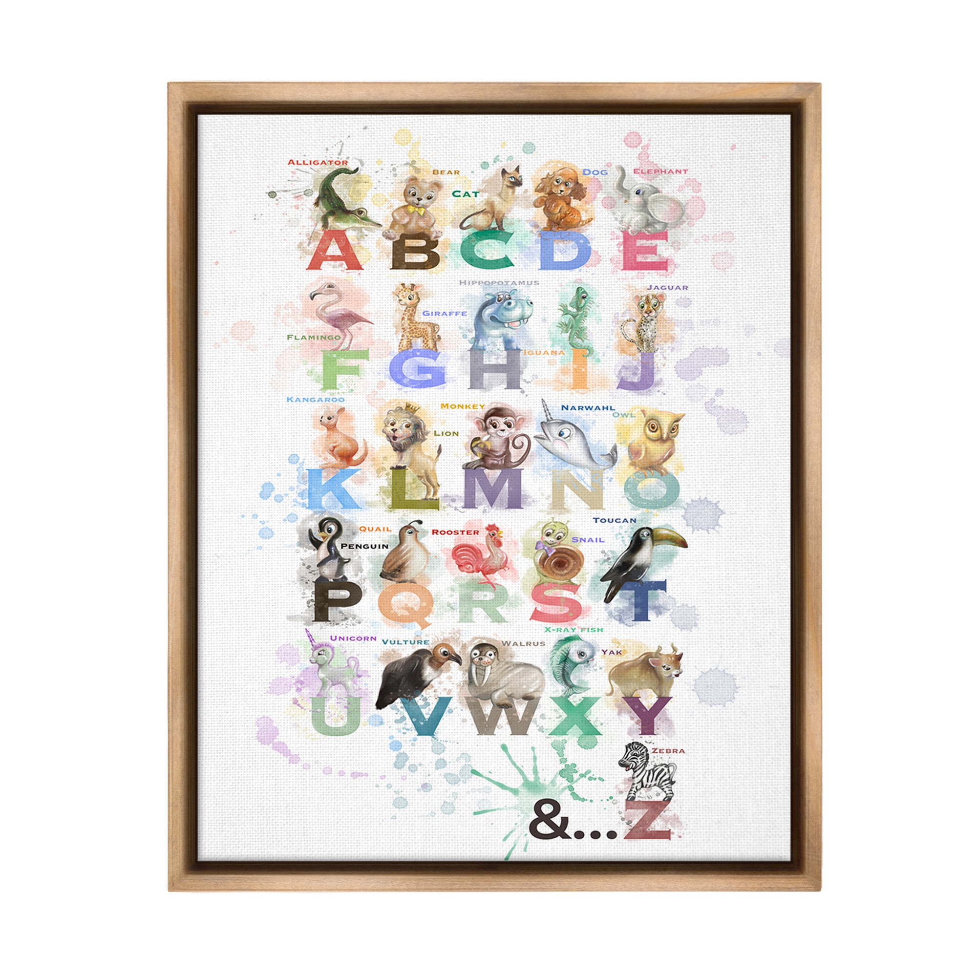 Stupell Industries Modern Splash Animal Alphabet Animals & Insects Painting Brown Floater Framed Canvas Art Print Wall Art, 25 x 31