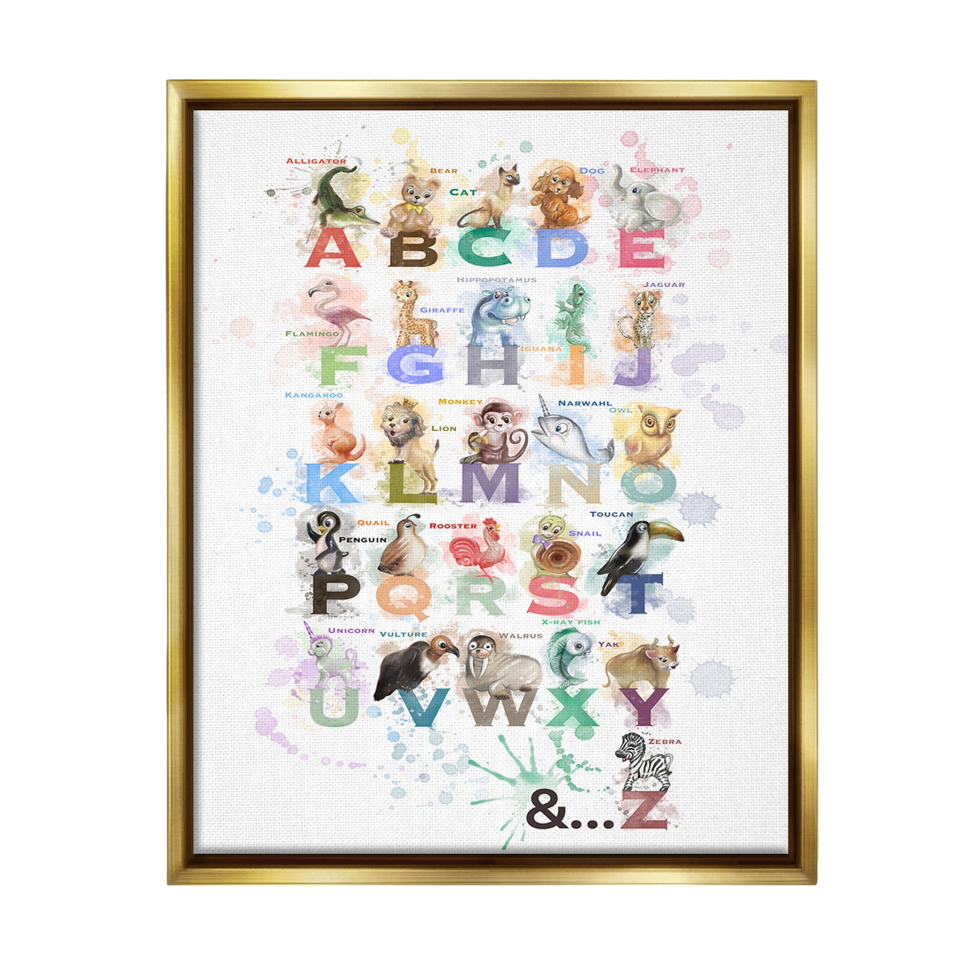 Stupell Industries Modern Splash Animal Alphabet Animals & Insects Painting Gold Floater Framed Canvas Art Print Wall Art, 17 x 21