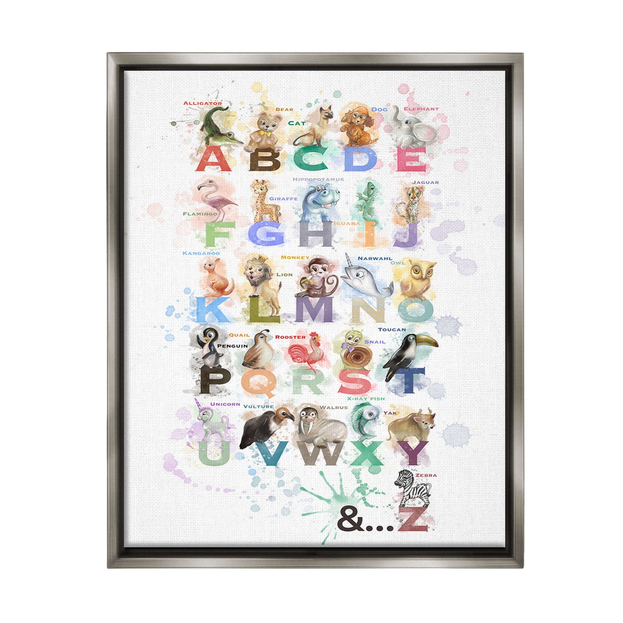Stupell Industries Modern Splash Animal Alphabet Animals & Insects Painting Gray Floater Framed Canvas Art Print Wall Art, 17 x 21