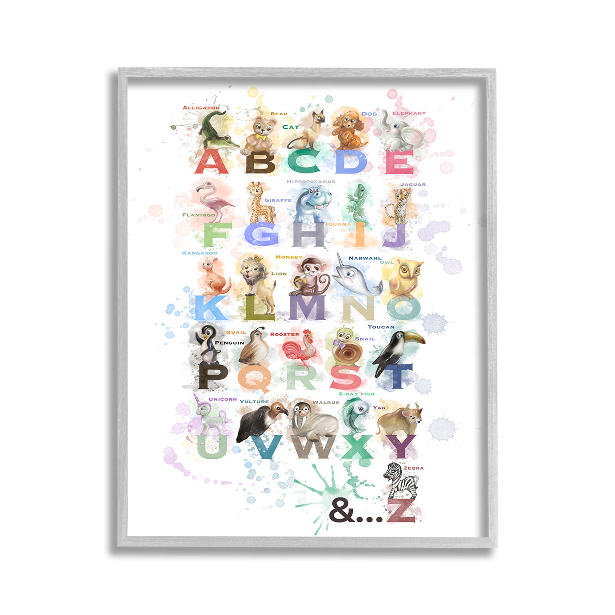 Stupell Industries Modern Splash Animal Alphabet Animals & Insects Painting Gray Framed Art Print Wall Art, 11 x 14