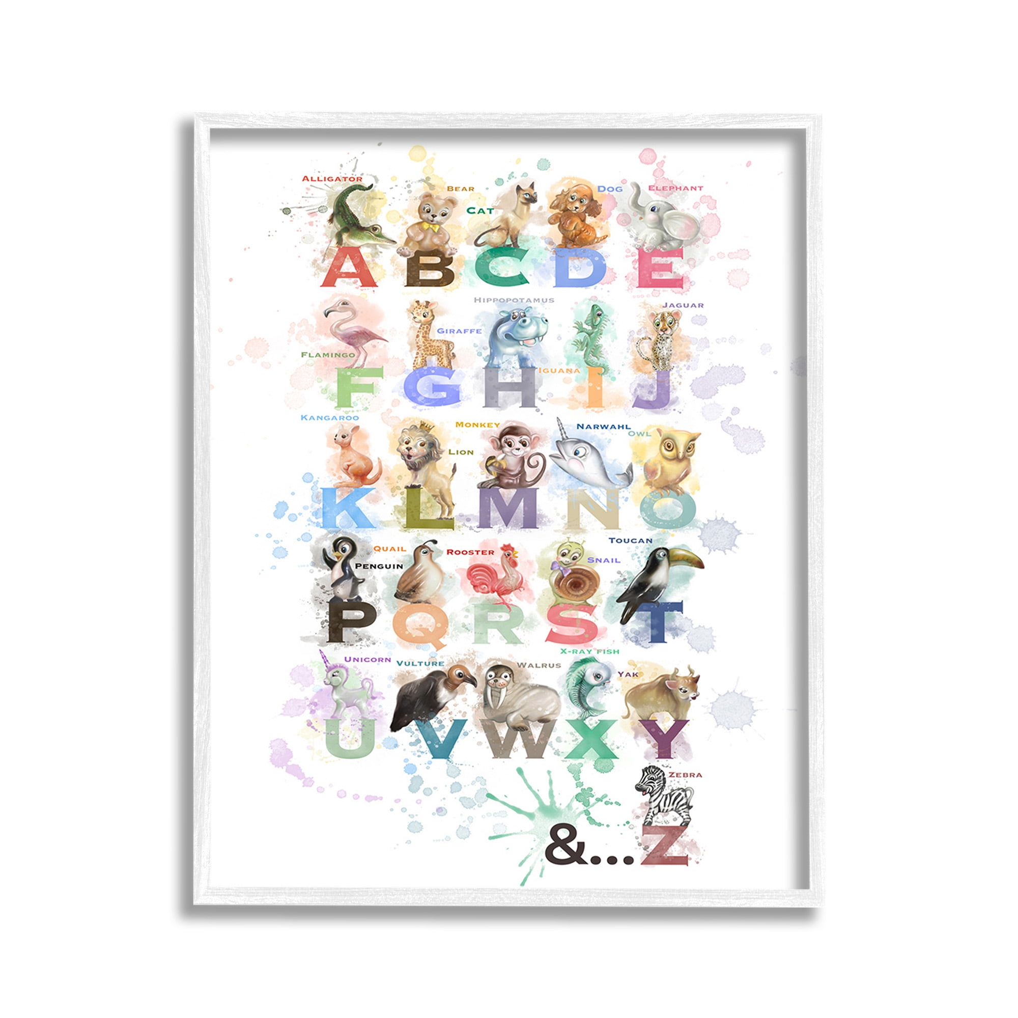 Stupell Industries Modern Splash Animal Alphabet Animals & Insects Painting White Framed Art Print Wall Art, 11 x 14