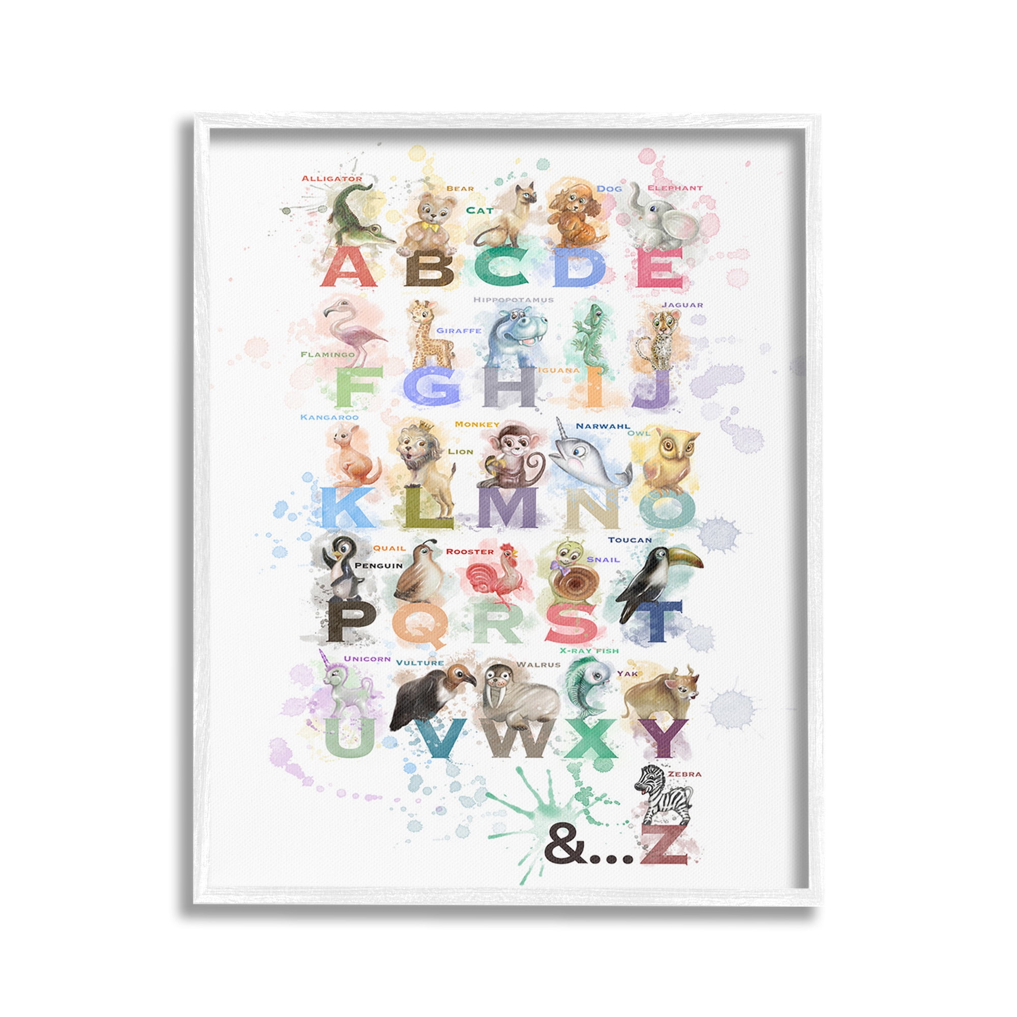 Stupell Industries Modern Splash Animal Alphabet Animals & Insects Painting White Framed Art Print Wall Art, 16 x 20