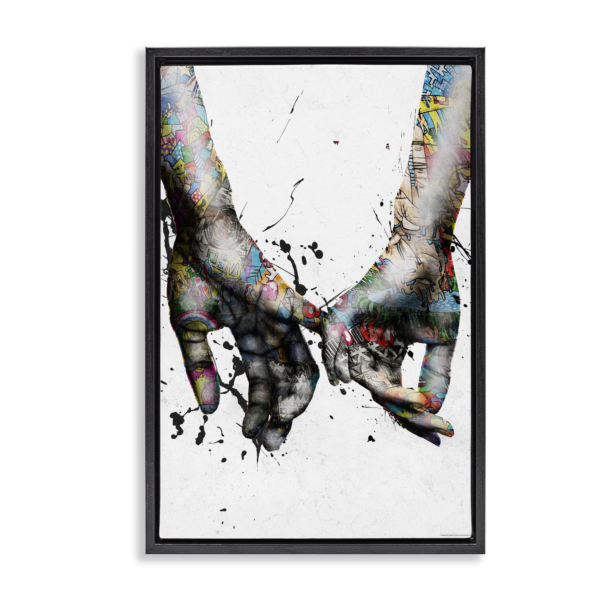 Stupell Industries Modern Splash Hand Holding People Painting Black Floater Framed Canvas Art Print Wall Art, 21 x 31