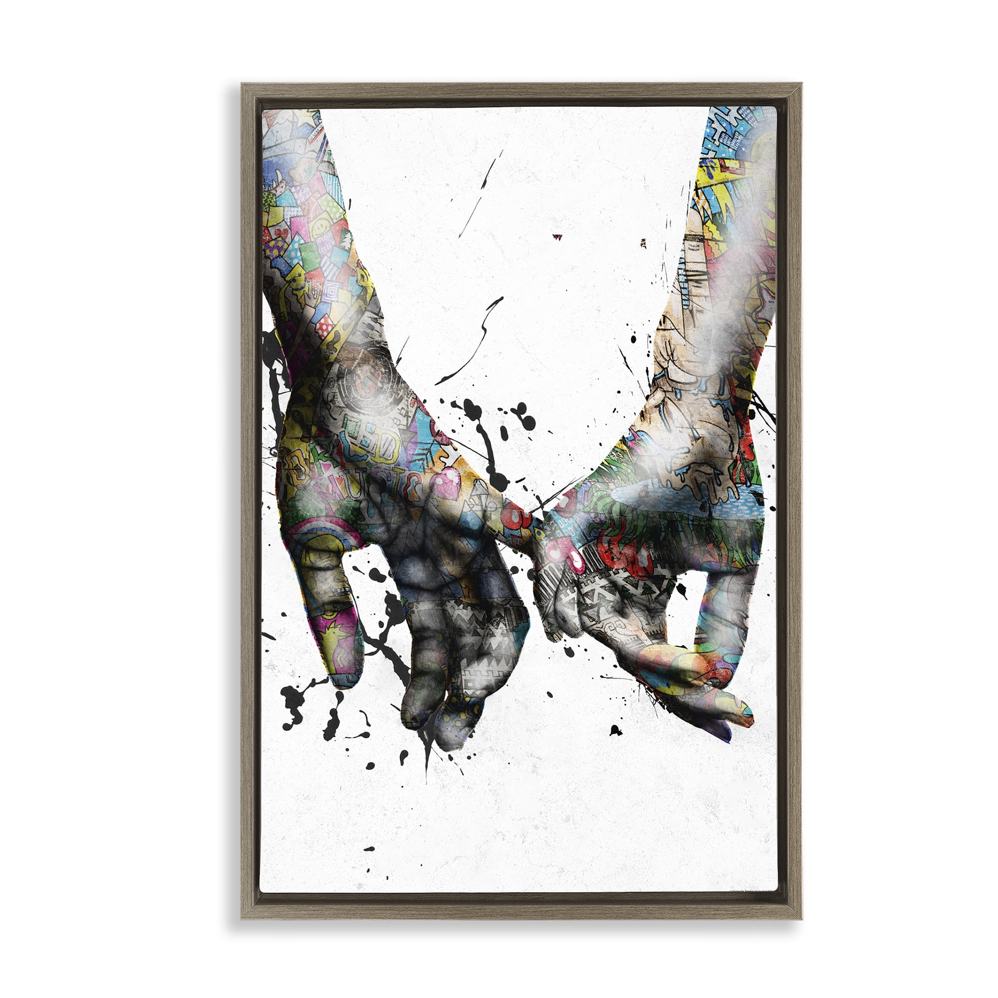 Stupell Industries Modern Splash Hand Holding People Painting Brown Floater Framed Canvas Art Print Wall Art, 17 x 25