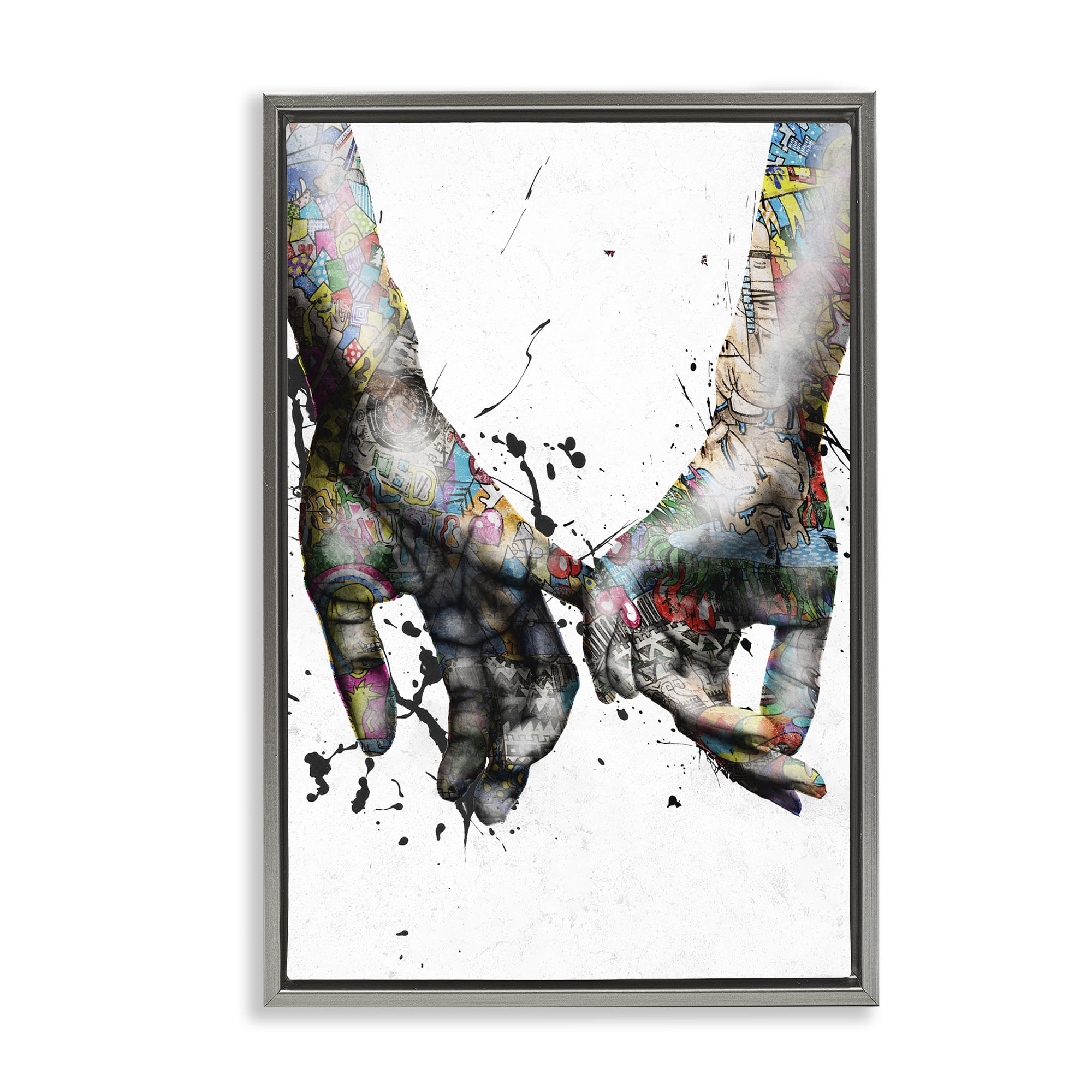 Stupell Industries Modern Splash Hand Holding People Painting Gray Floater Framed Canvas Art Print Wall Art, 21 x 31