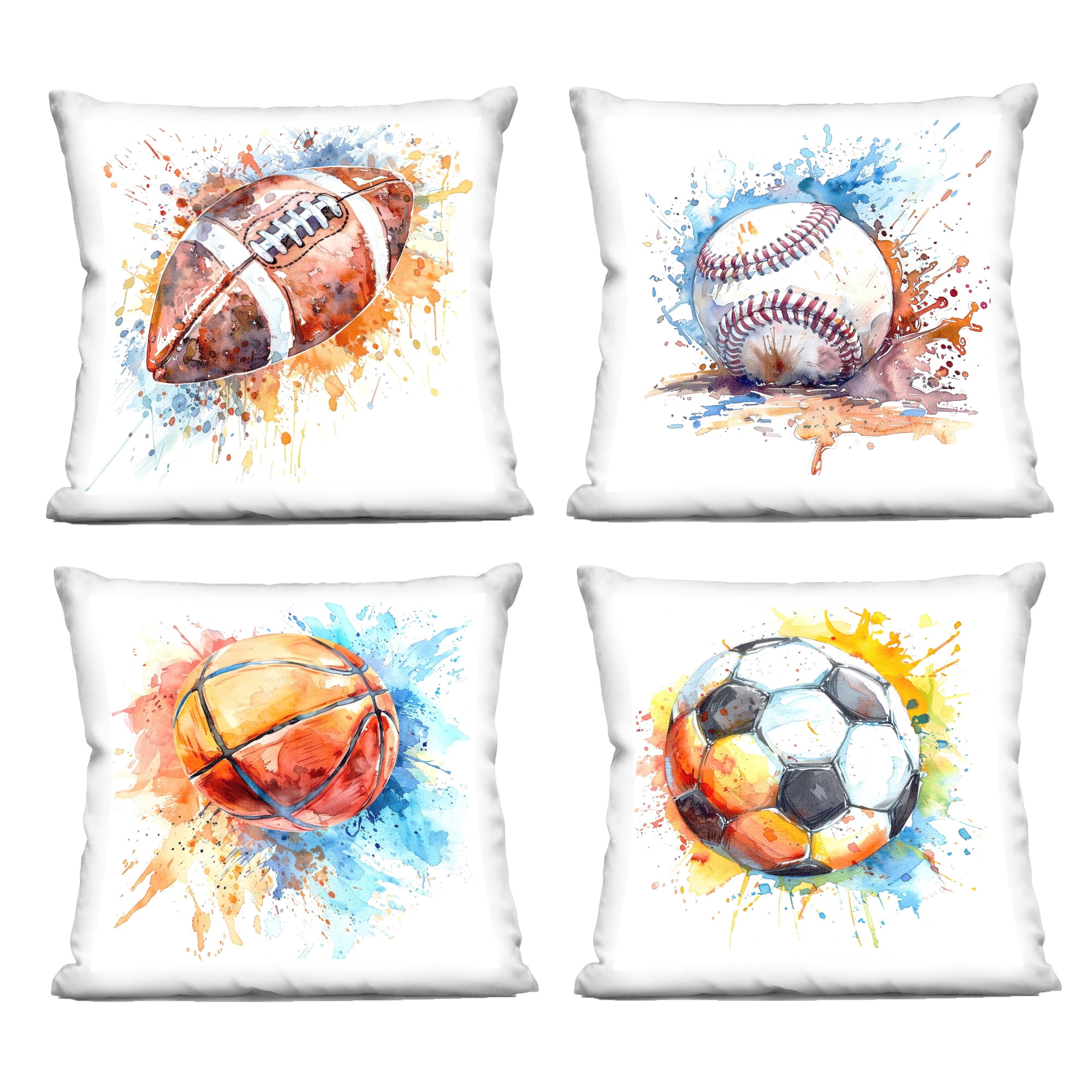 Stupell Industries Modern Splash Sports Balls 18" x 18" Sports Abstract Polyester Decorative Pillow Set, Zip Closure 4 Count