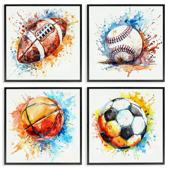 Stupell Industries Modern Splash Sports Balls Sports Painting Black Framed Art Print Wall Art, 12 x 12, Set of 4