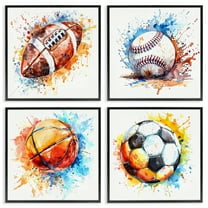 Stupell Industries Modern Splash Sports Balls Sports Painting Black Framed Art Print Wall Art, 12 x 12, Set of 4