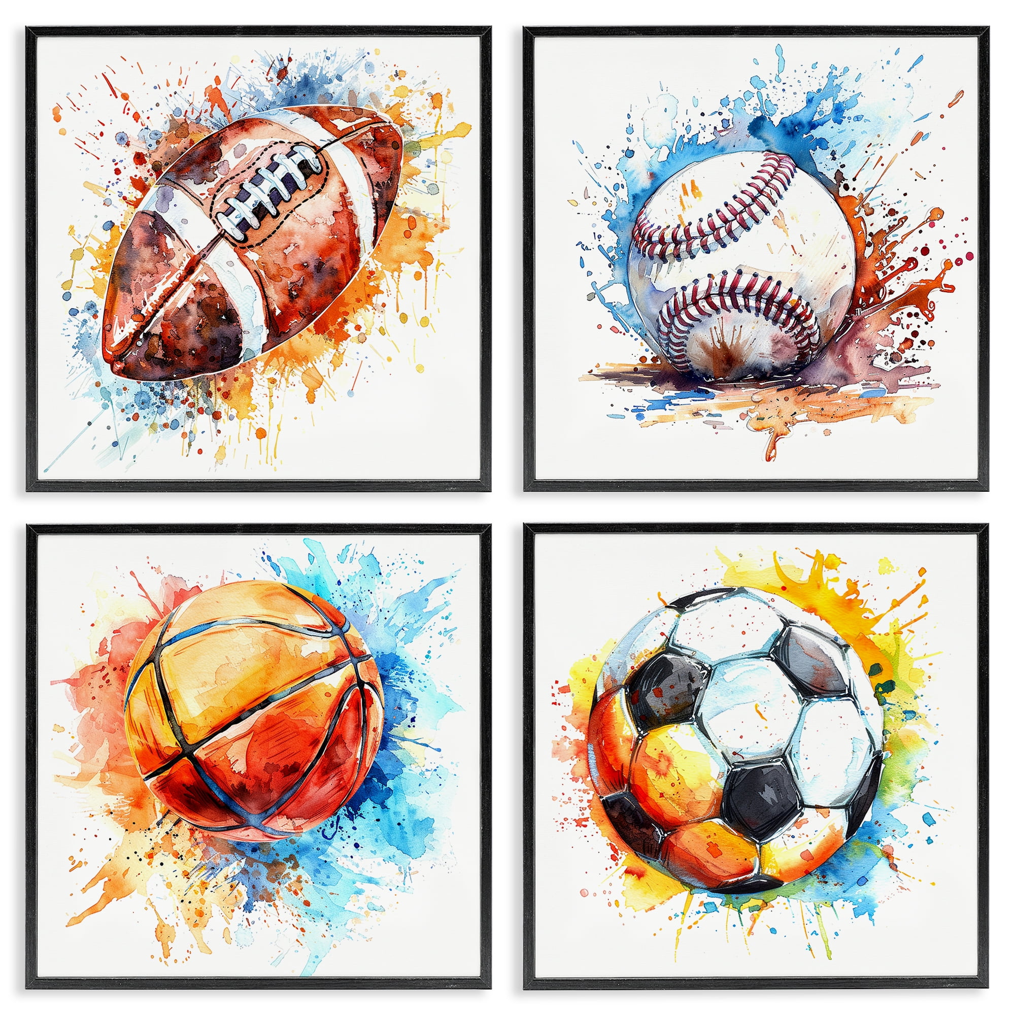 Stupell Industries Modern Splash Sports Balls Sports Painting Black Framed Art Print Wall Art, 17 x 17, Set of 4