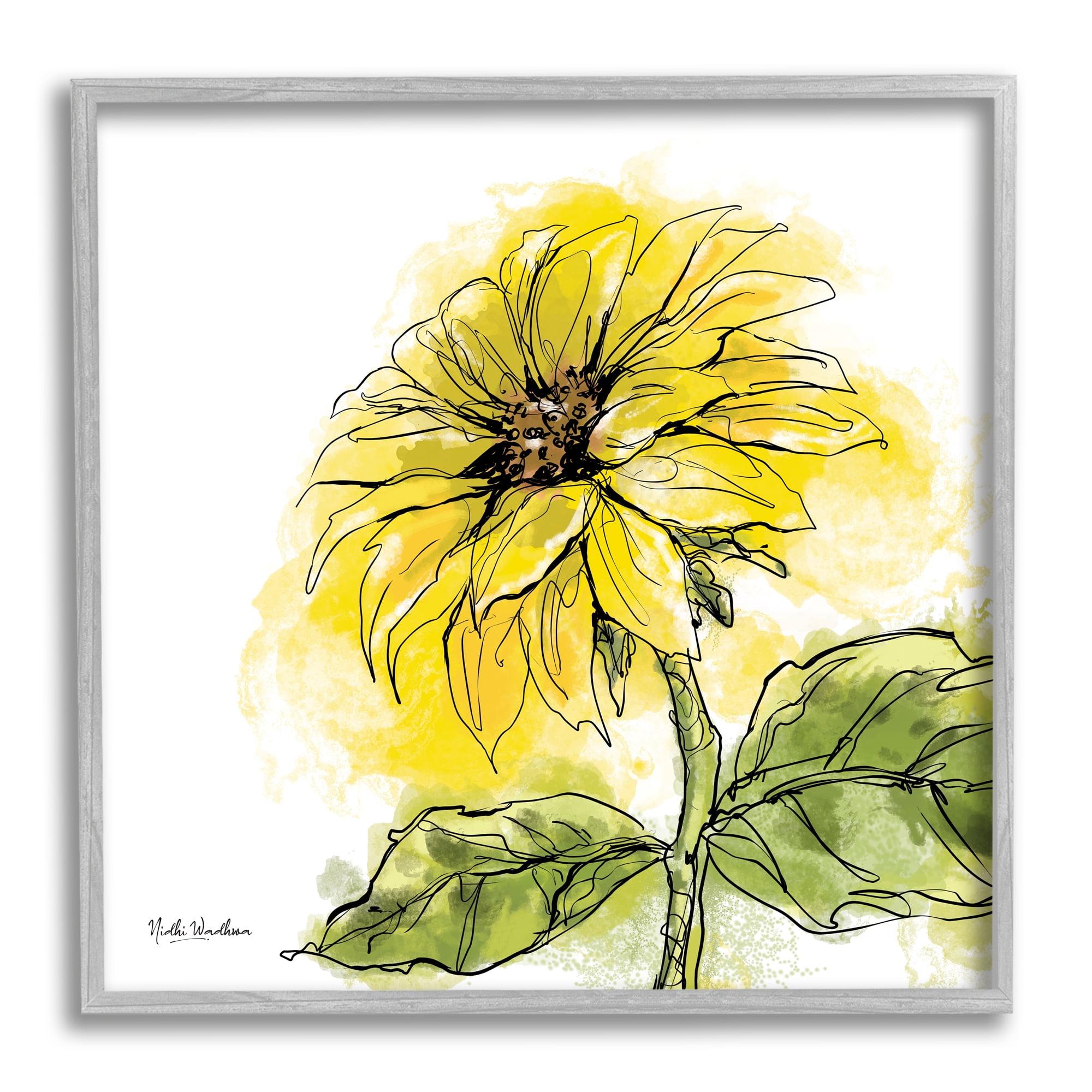 Stupell Industries Modern Splash Sunflower Botanical & Floral Painting Gray Framed Art Print Wall Art, 17 x 17