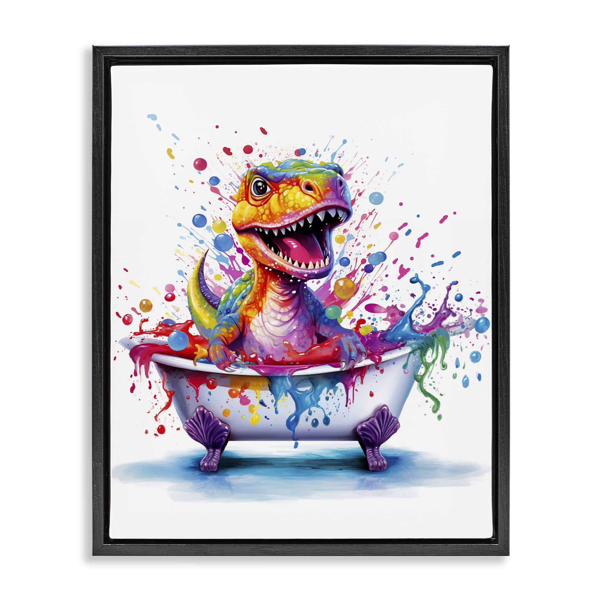 Stupell Industries Modern Splatter Dino Typography Painting Black Floater Framed Canvas Art Print Wall Art, 25 x 31