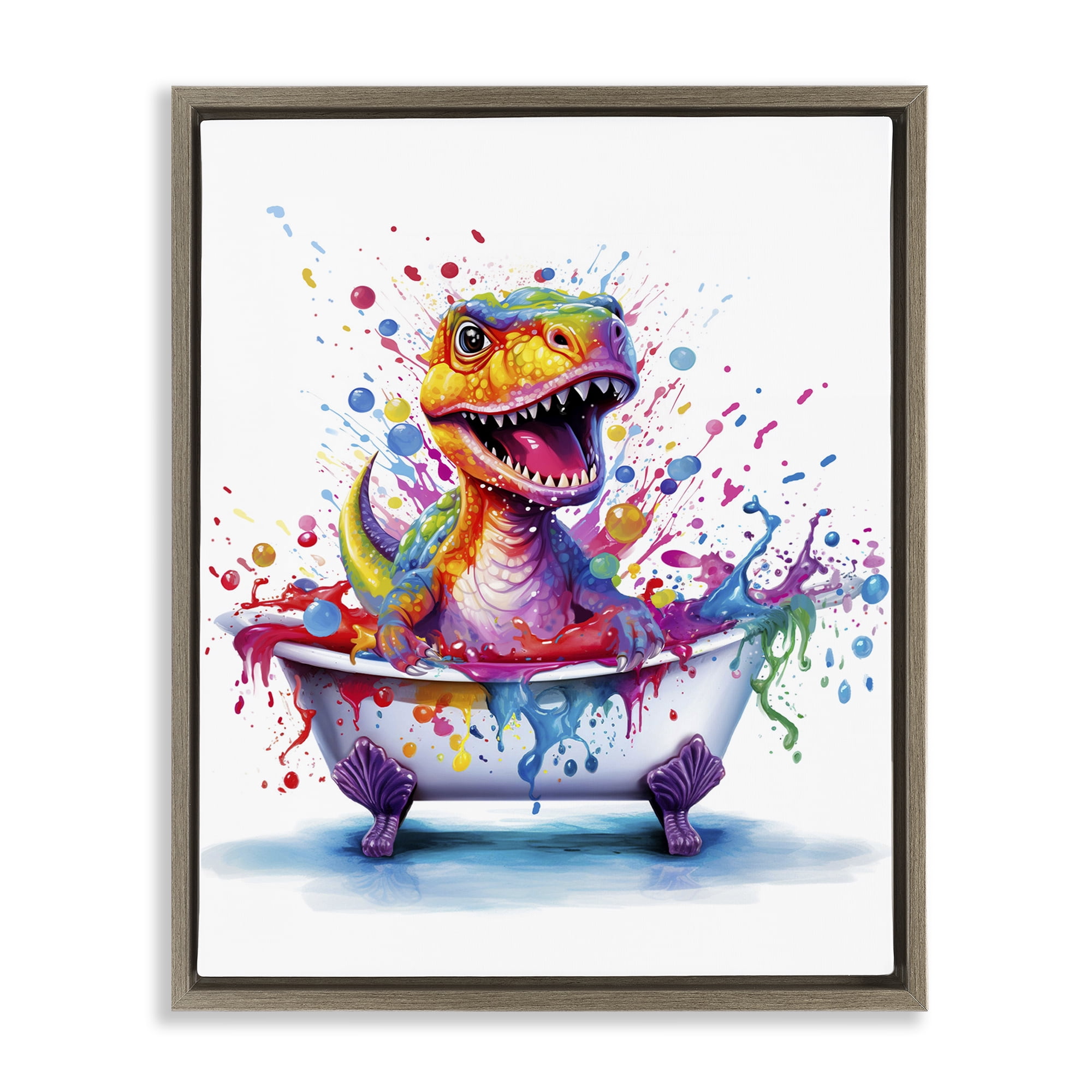 Stupell Industries Modern Splatter Dino Typography Painting Brown Floater Framed Canvas Art Print Wall Art, 17 x 21