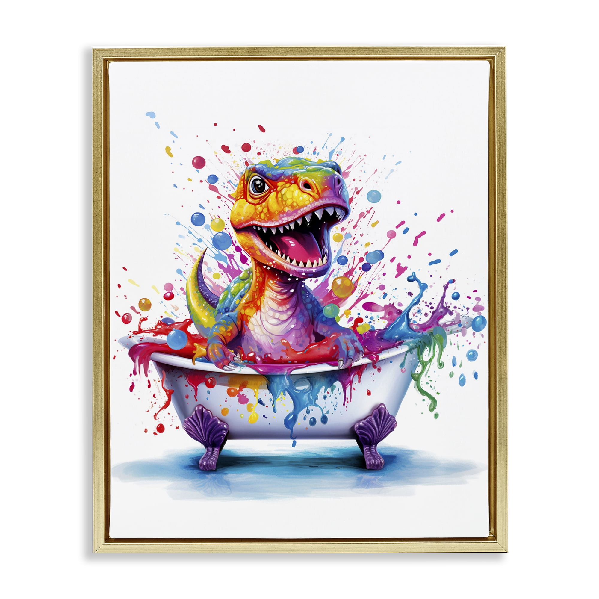 Stupell Industries Modern Splatter Dino Typography Painting Gold Floater Framed Canvas Art Print Wall Art, 17 x 21