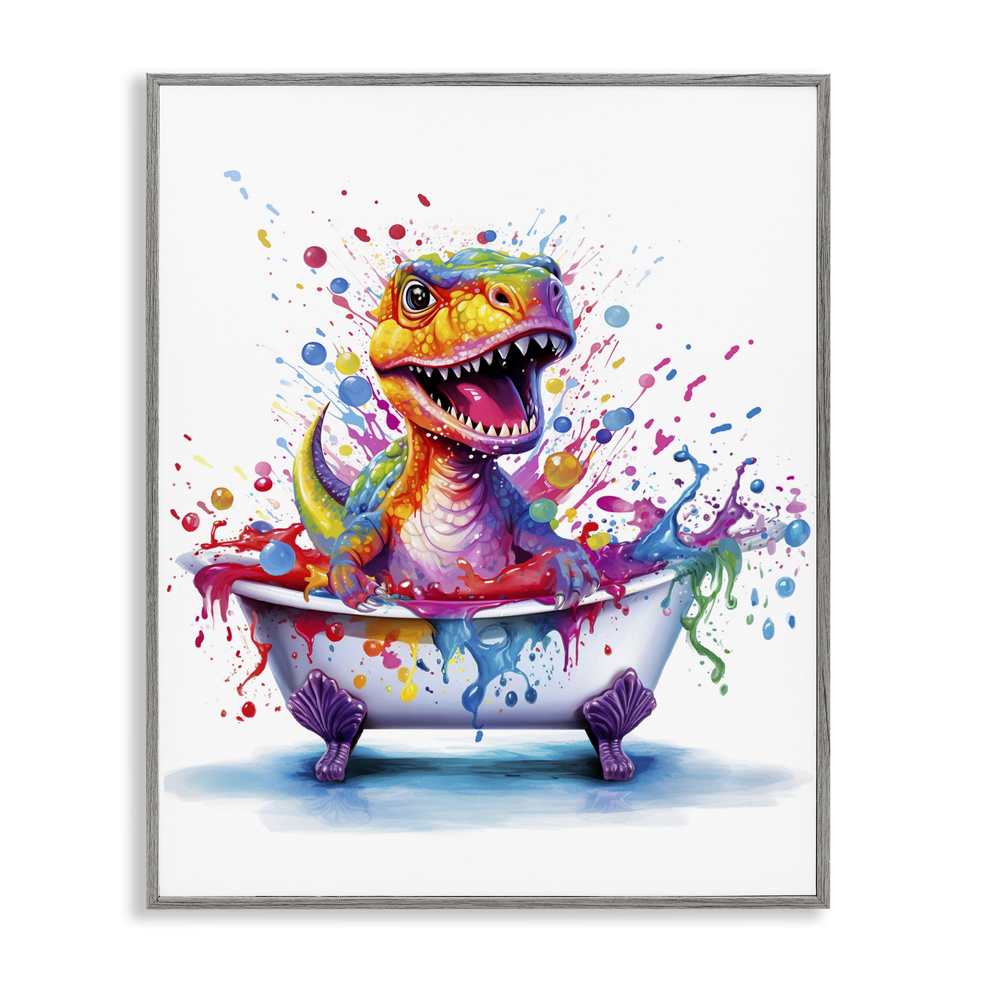 Stupell Industries Modern Splatter Dino Typography Painting Gray Framed Art Print Wall Art, 11 x 14