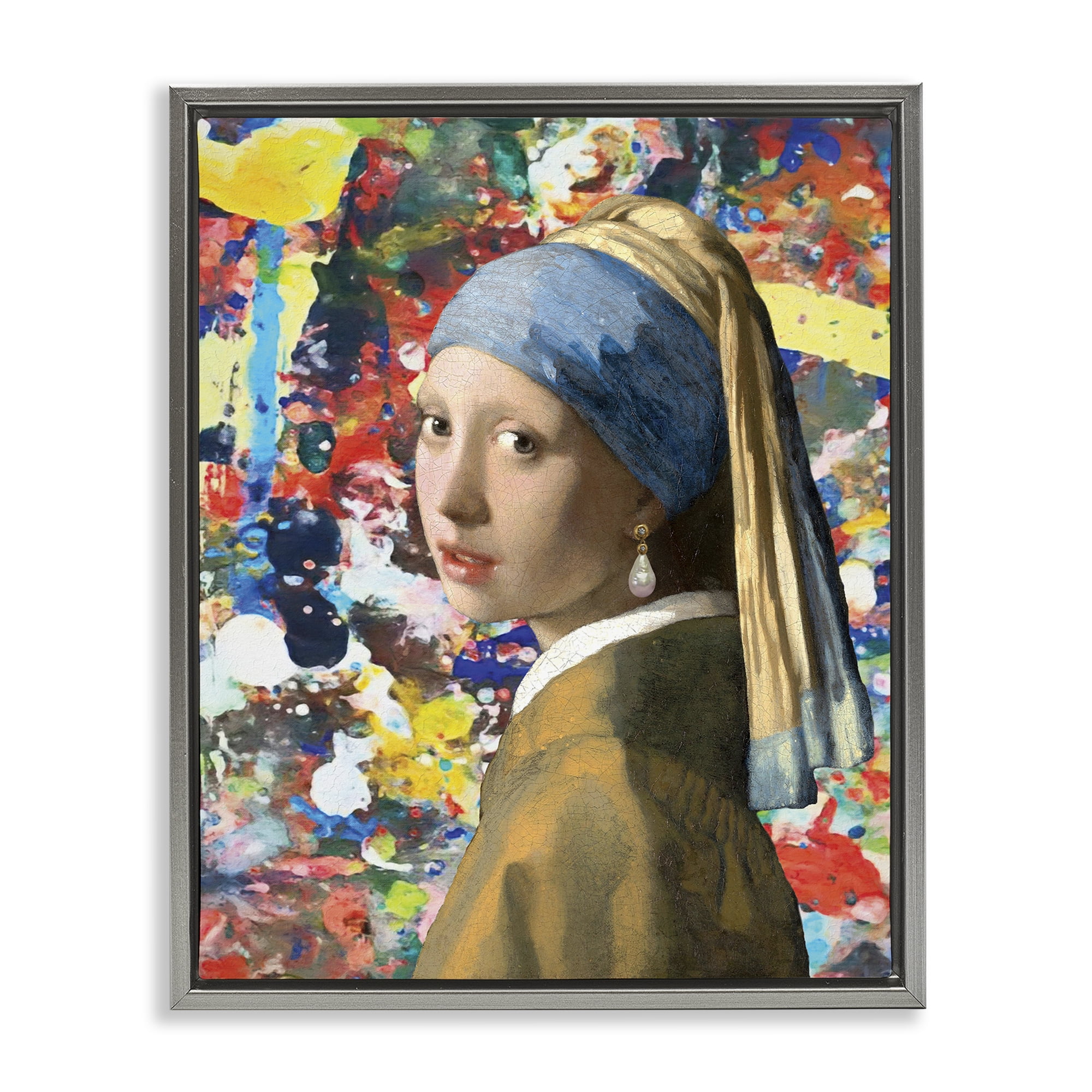 Stupell Industries Modern Splatter Iconic Pearl Earring Gray Framed Floater Canvas Wall Art, design by Grotto Studios
