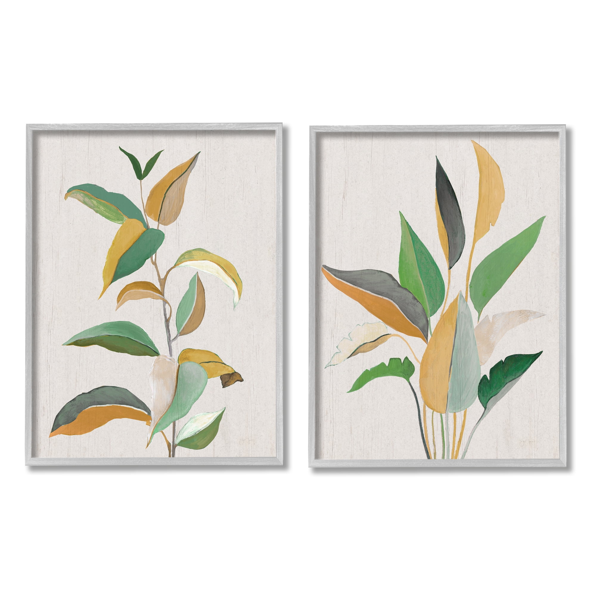 Stupell Industries Modern Split Plant Leaves Botanical & Floral Painting Gray Framed Art Print Wall Art, 16 x 20, Set of 2