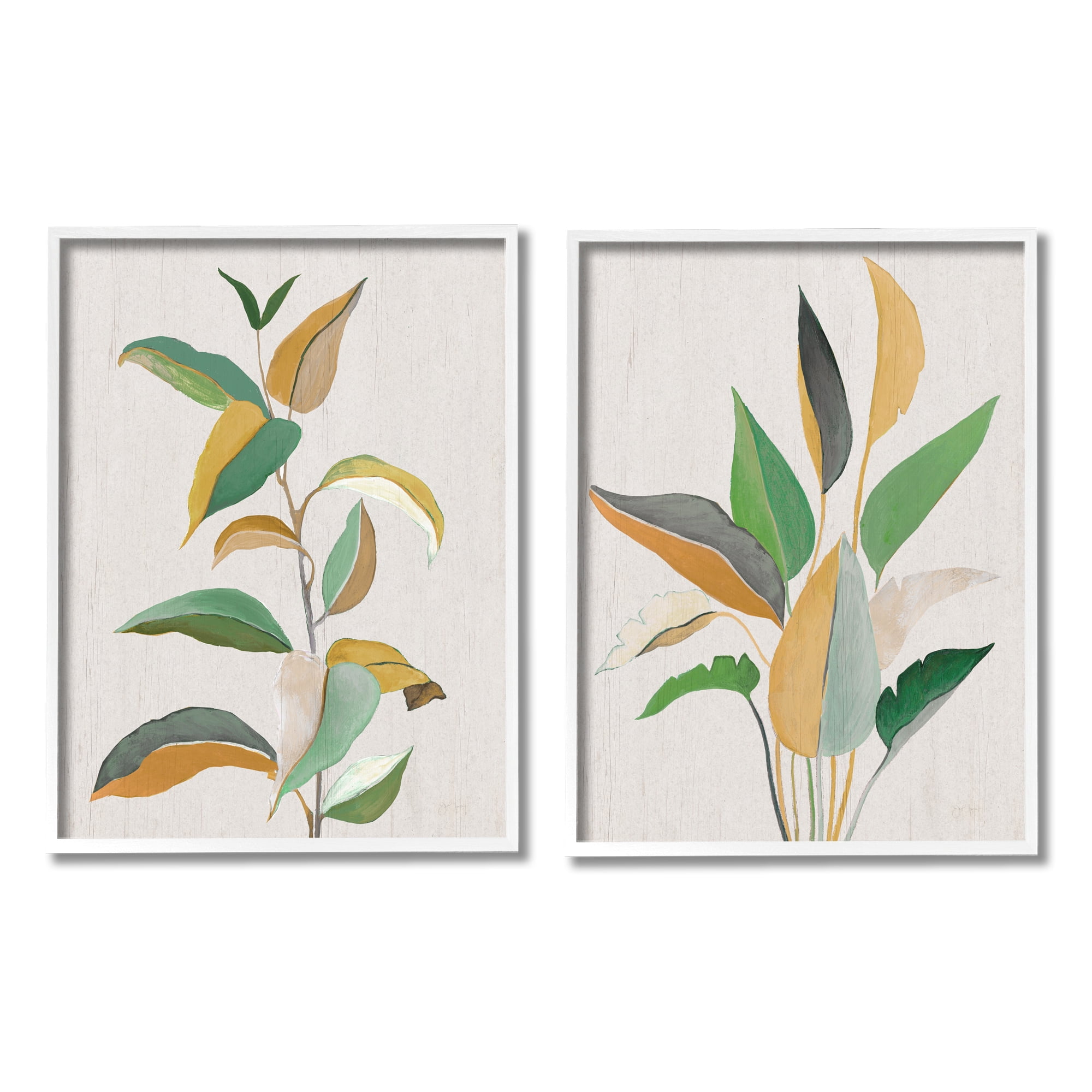 Stupell Industries Modern Split Plant Leaves Botanical & Floral Painting White Framed Art Print Wall Art, 16 x 20, Set of 2