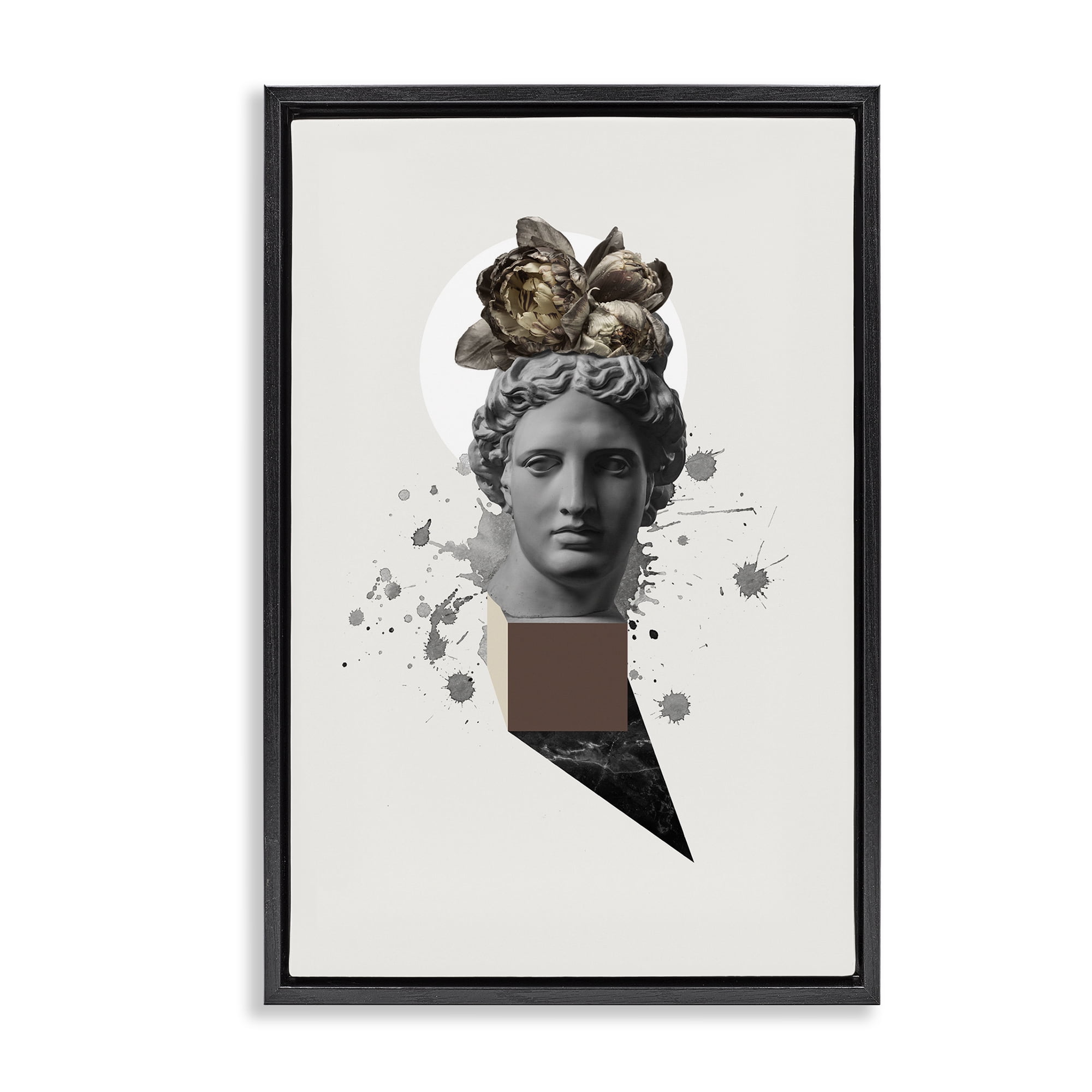 Stupell Industries Modern Statue with Peonies Botanical & Floral Painting Black Floater Framed Canvas Art Print Wall Art, 17 x 25